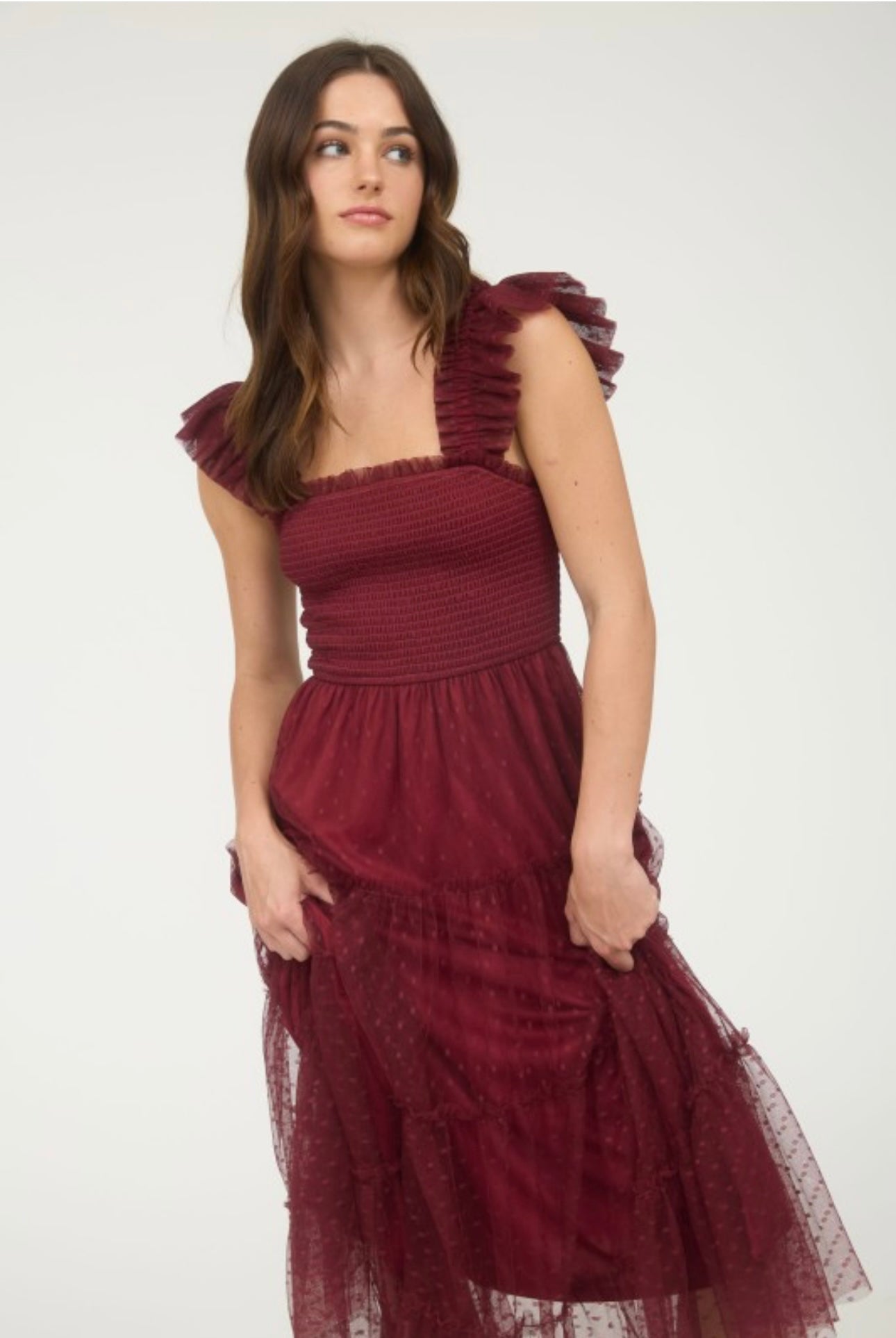 Polka Dot Ruffled Tiered Mocked Bodice Midi Dress