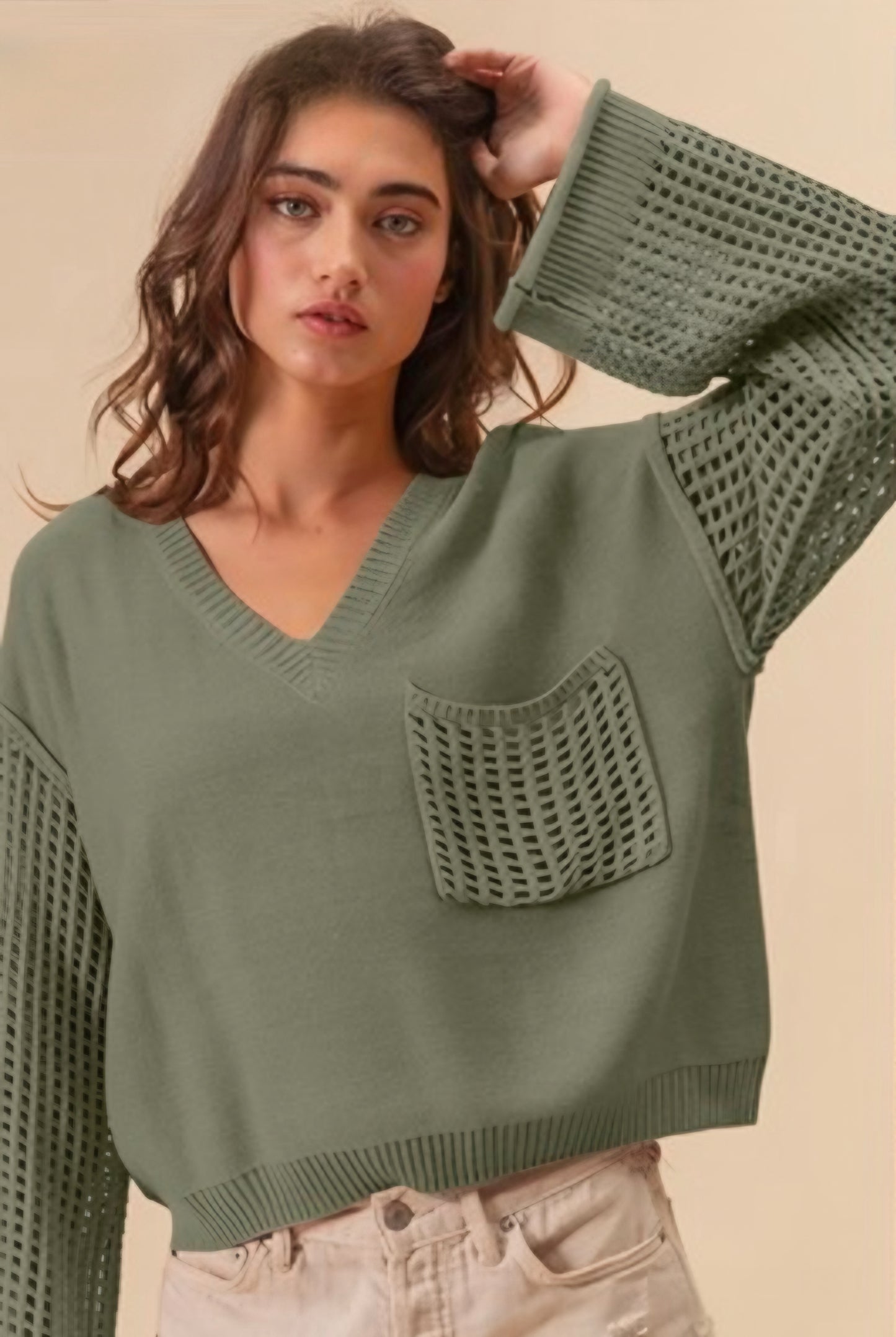 V Neck Sweater with Crochet Pocket and Sleeves