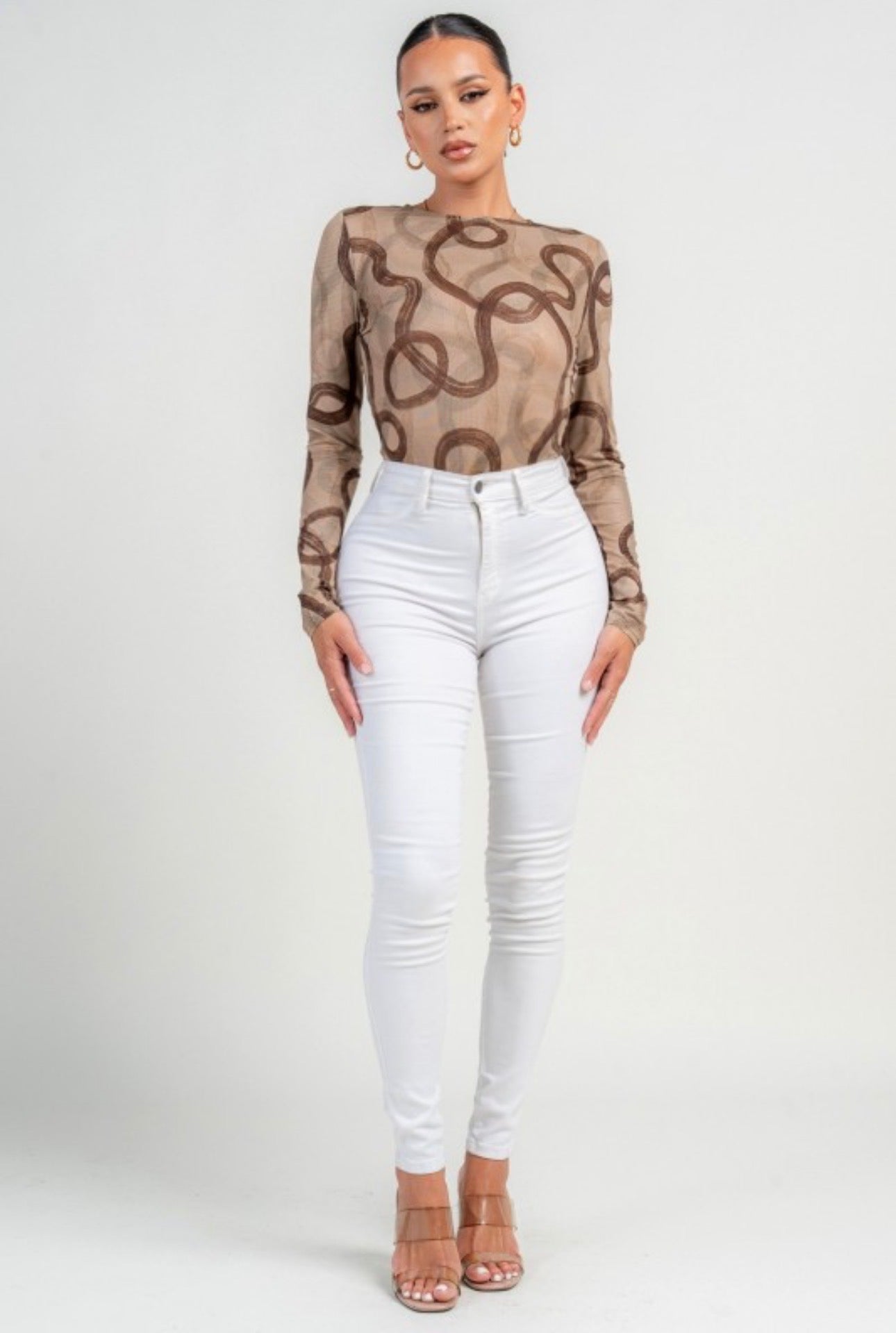 Abstract Swirl Mesh Bodysuit with Open Back