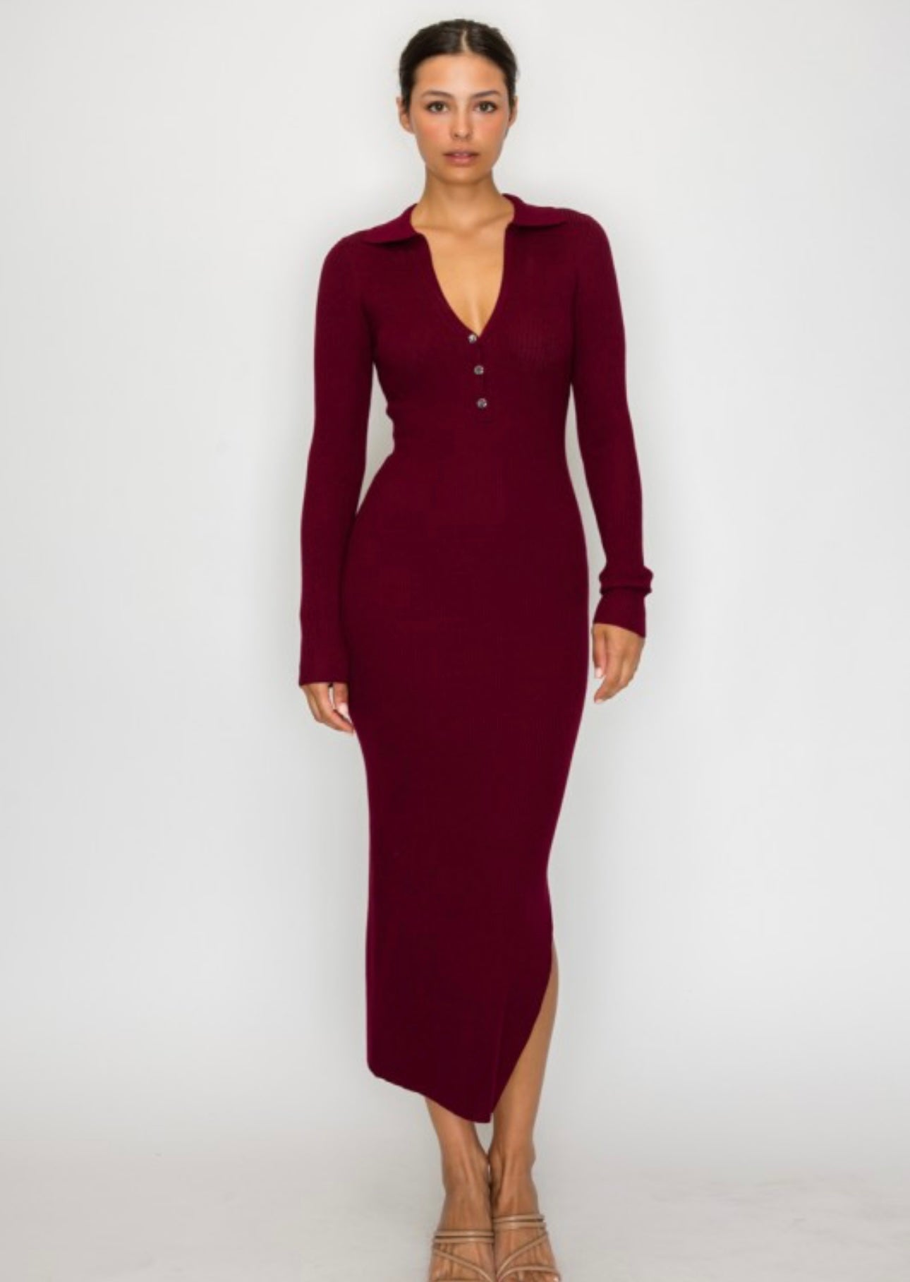 Collar Ribbed Long Sleeve Maxi Dress