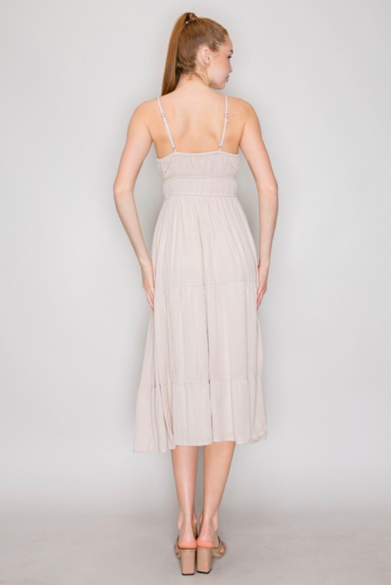 Beige Peasant Tie Smock Midi Dress