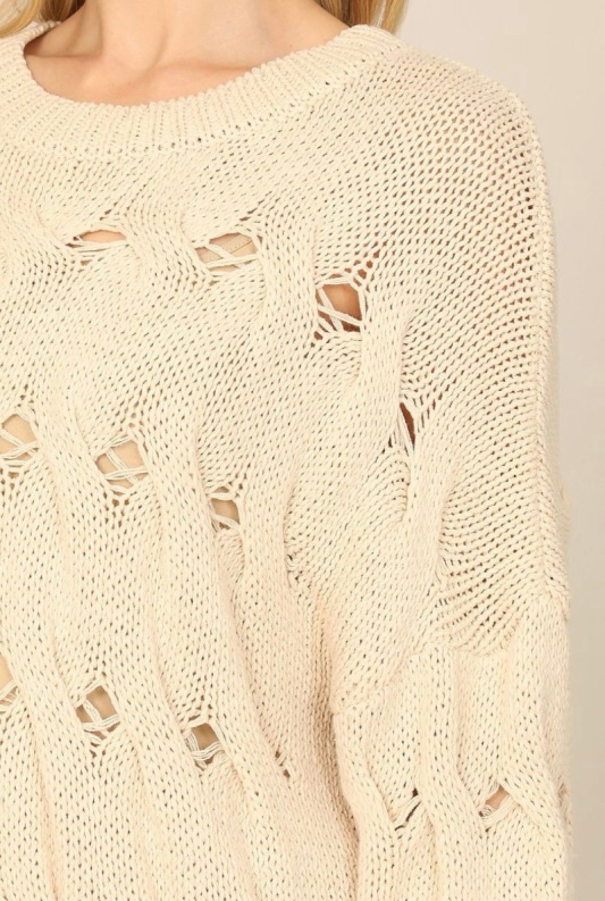 Distressed Ladder Open Cable Knit Sweater