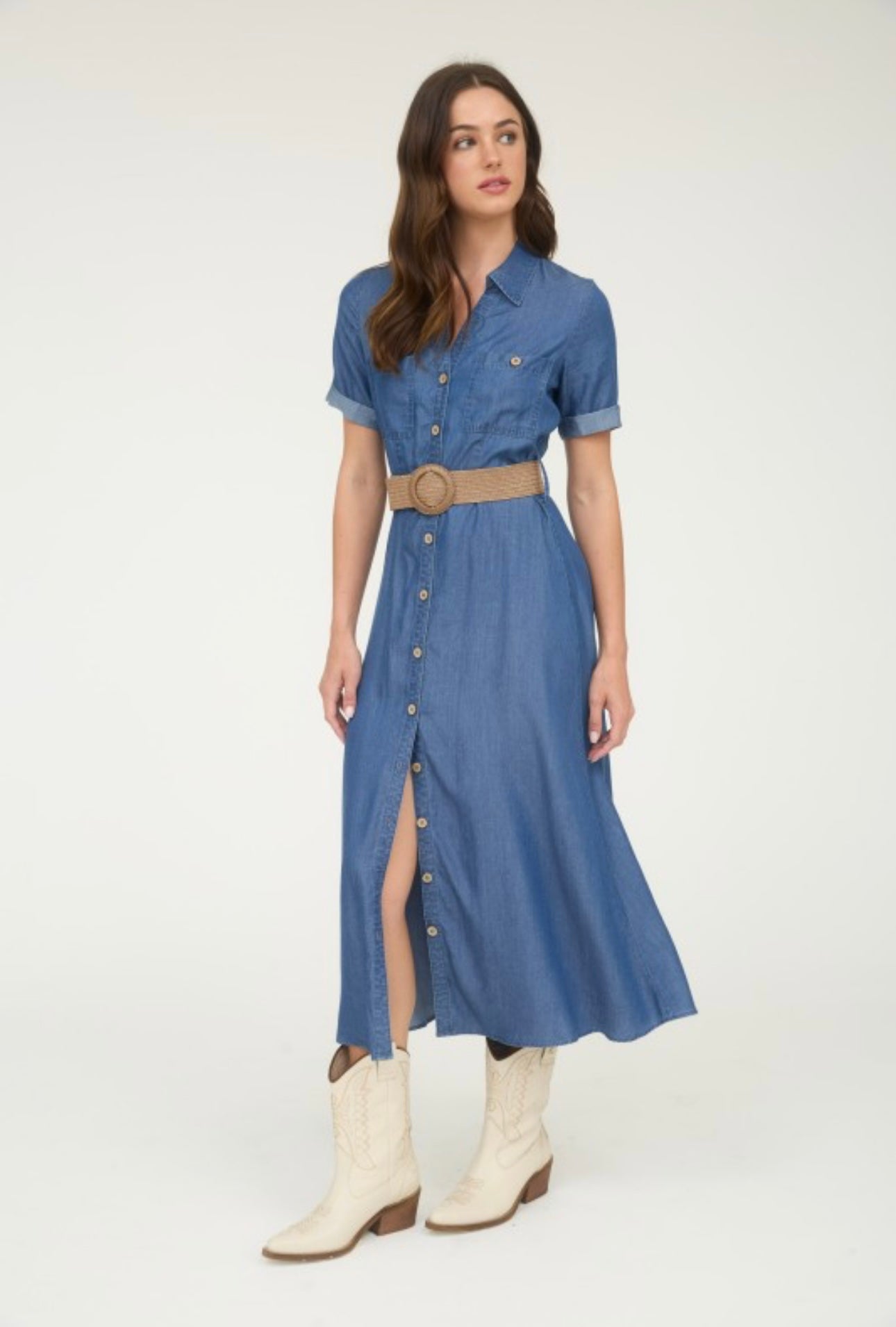 Denim Button Down Cuffed Sleeve Midi Dress with Woven Belt
