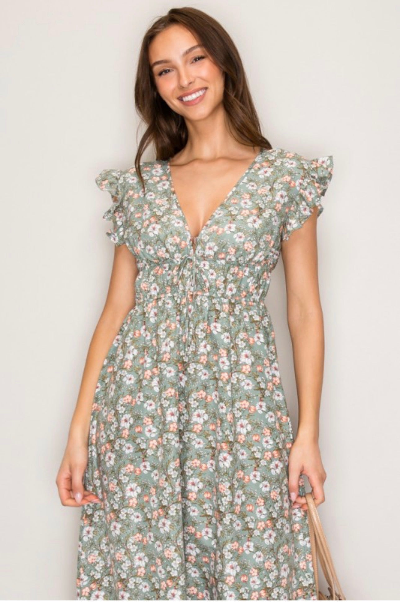 Spring Green Floral V-neck Short Sleeve Maxi Dress