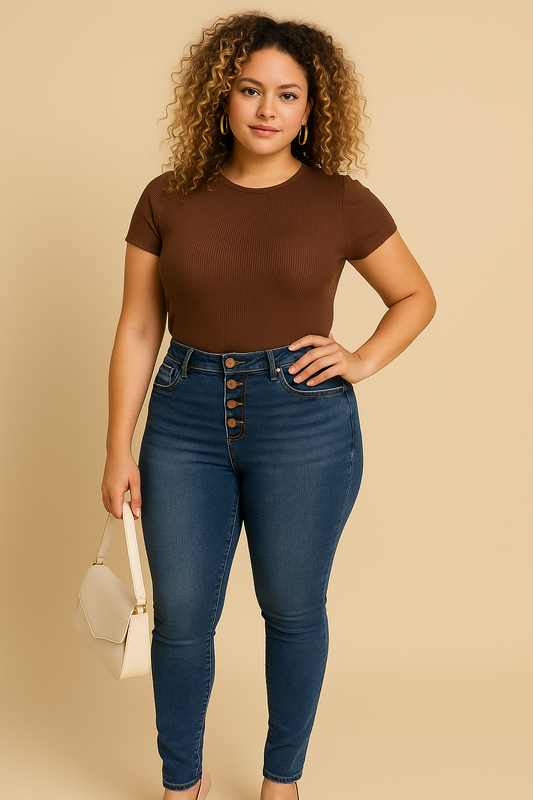 Four-Button Straight Super High Rise Med Dark Wash Jeans