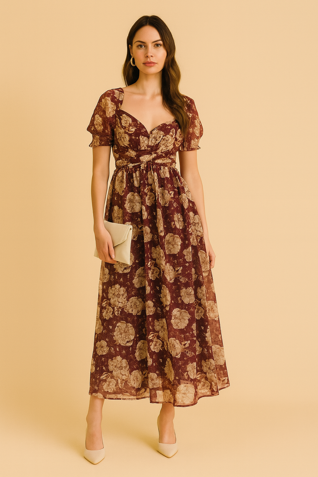 Autumn Floral Sweetheart Maxi Dress with Puffed Sleeves