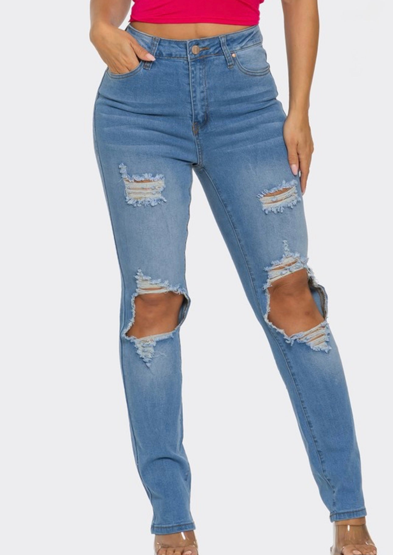 455 Med Light Wash Distressed Knees Jean