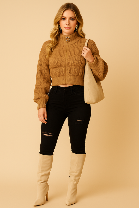 Bubble Sleeve Knit Zip-Up Sweater
