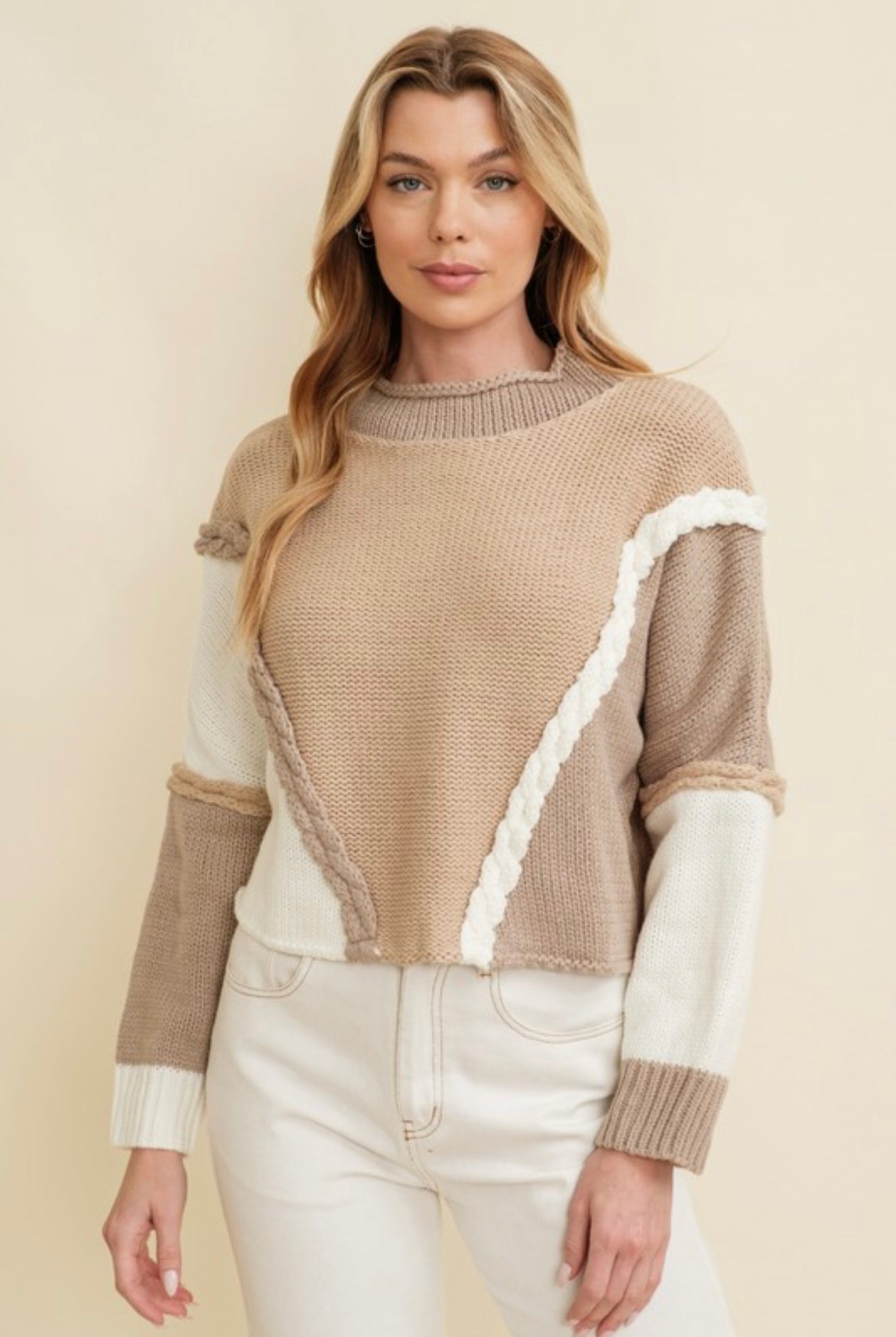 Tri Tone Mock Neck Crop Sweater