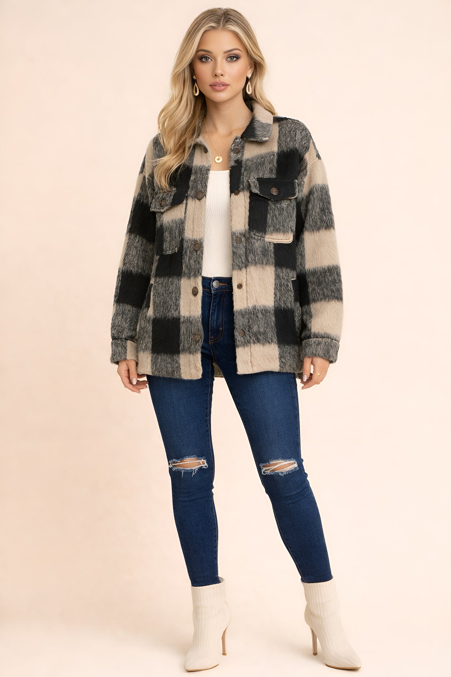 Thick Fur Plaid Button Shacket