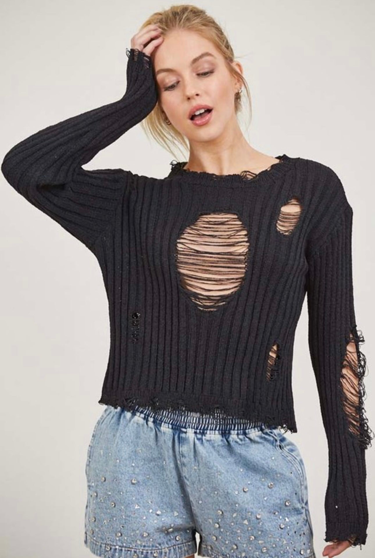 Distressed Mock Neck Sweater