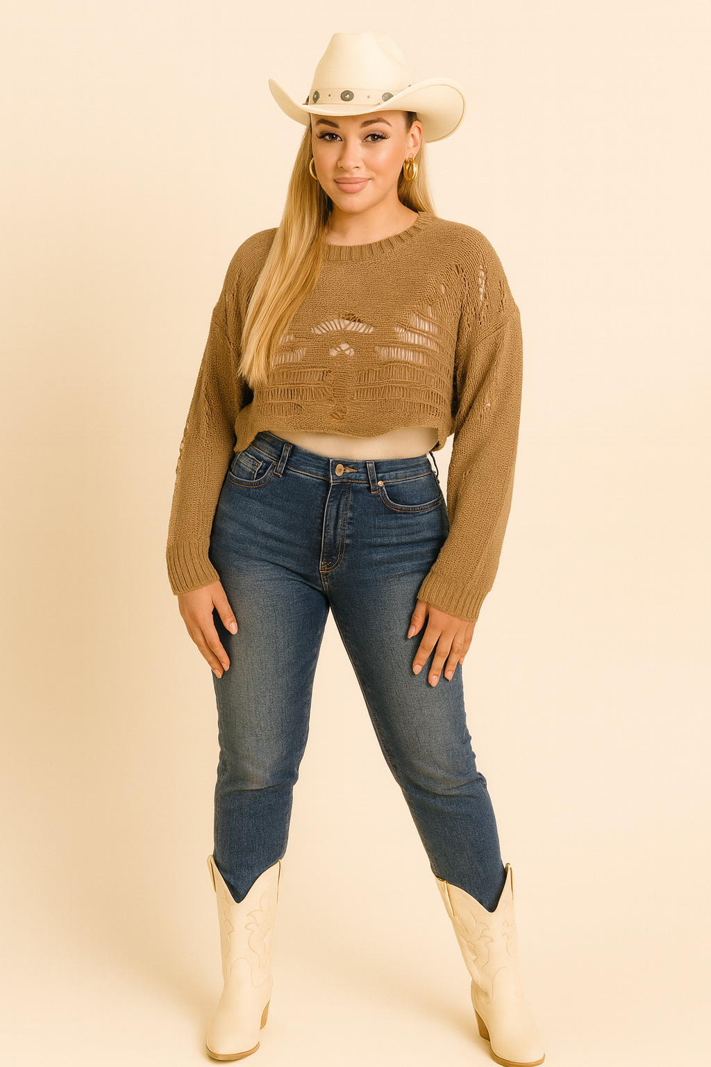 Long Sleeve Open Crop Crochet Pullover