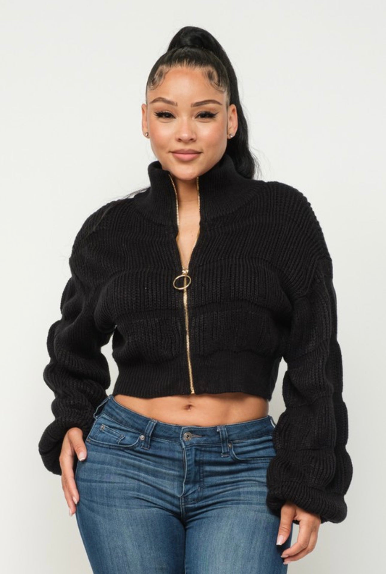 Bubble Sleeve Knit Zip-Up Sweater