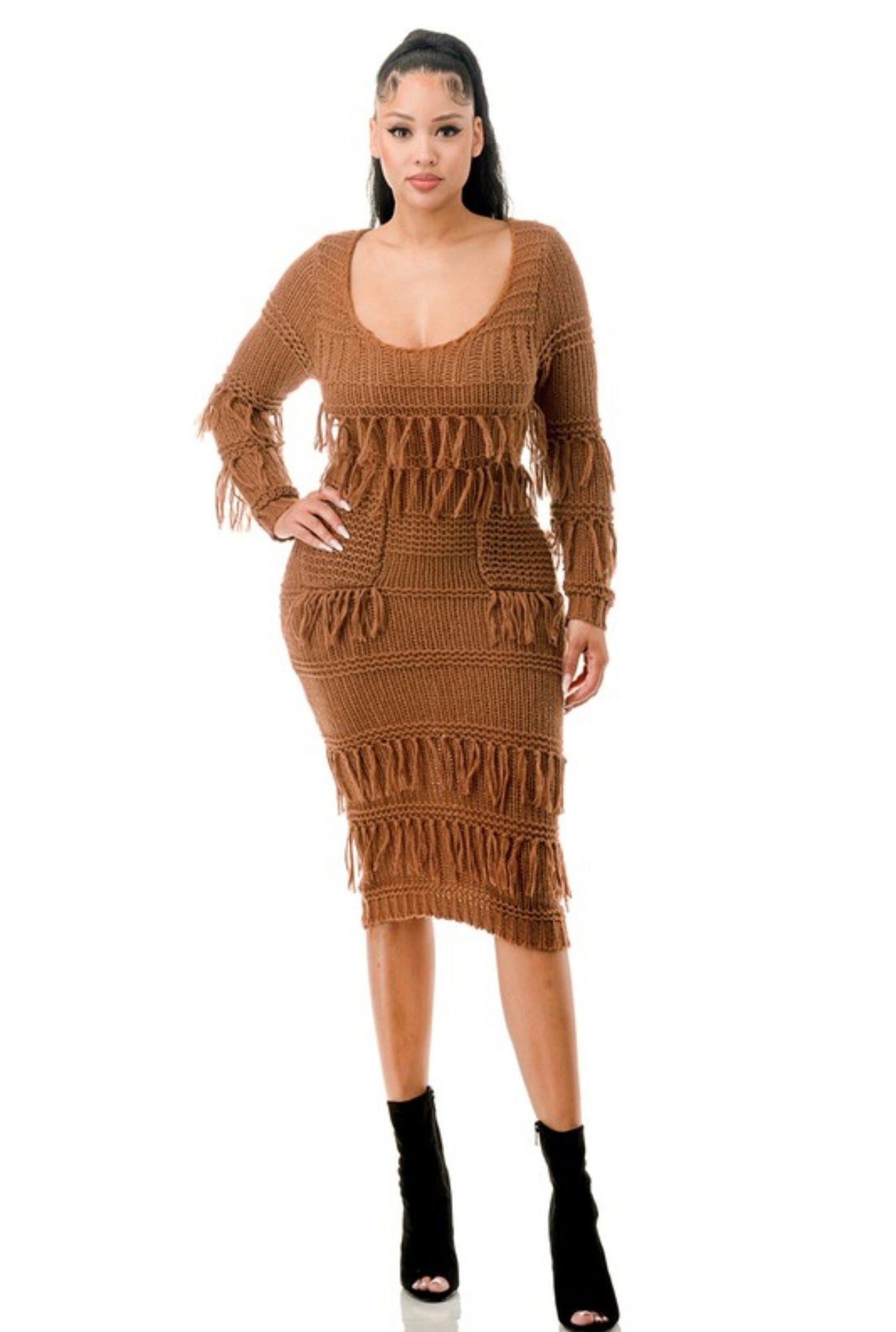 Tassel Crochet Scoop Maxi Sweater Dress