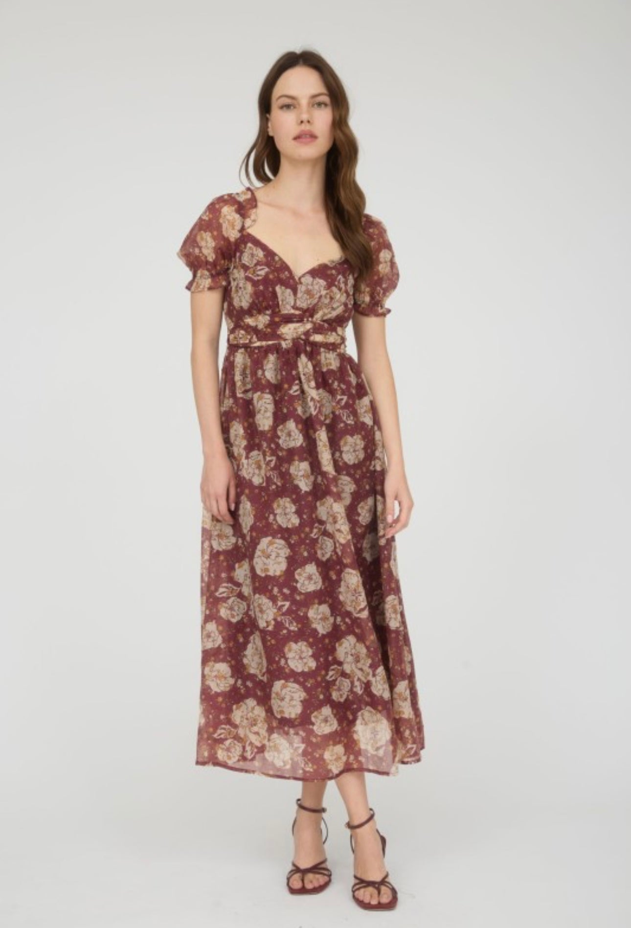 Autumn Floral Sweetheart Maxi Dress with Puffed Sleeves
