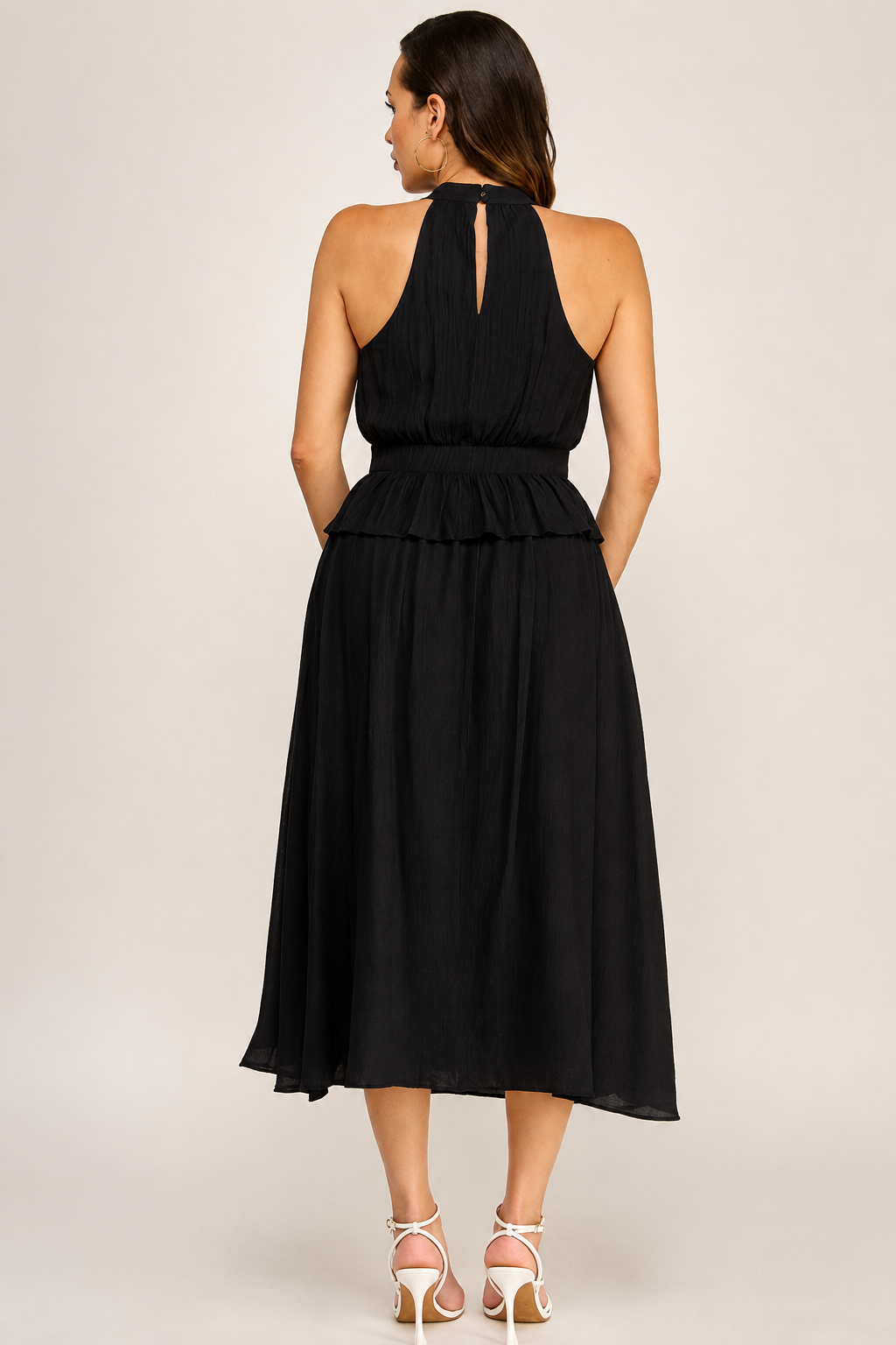 Linen Halter and Midi Skirt Set with Gold Accent