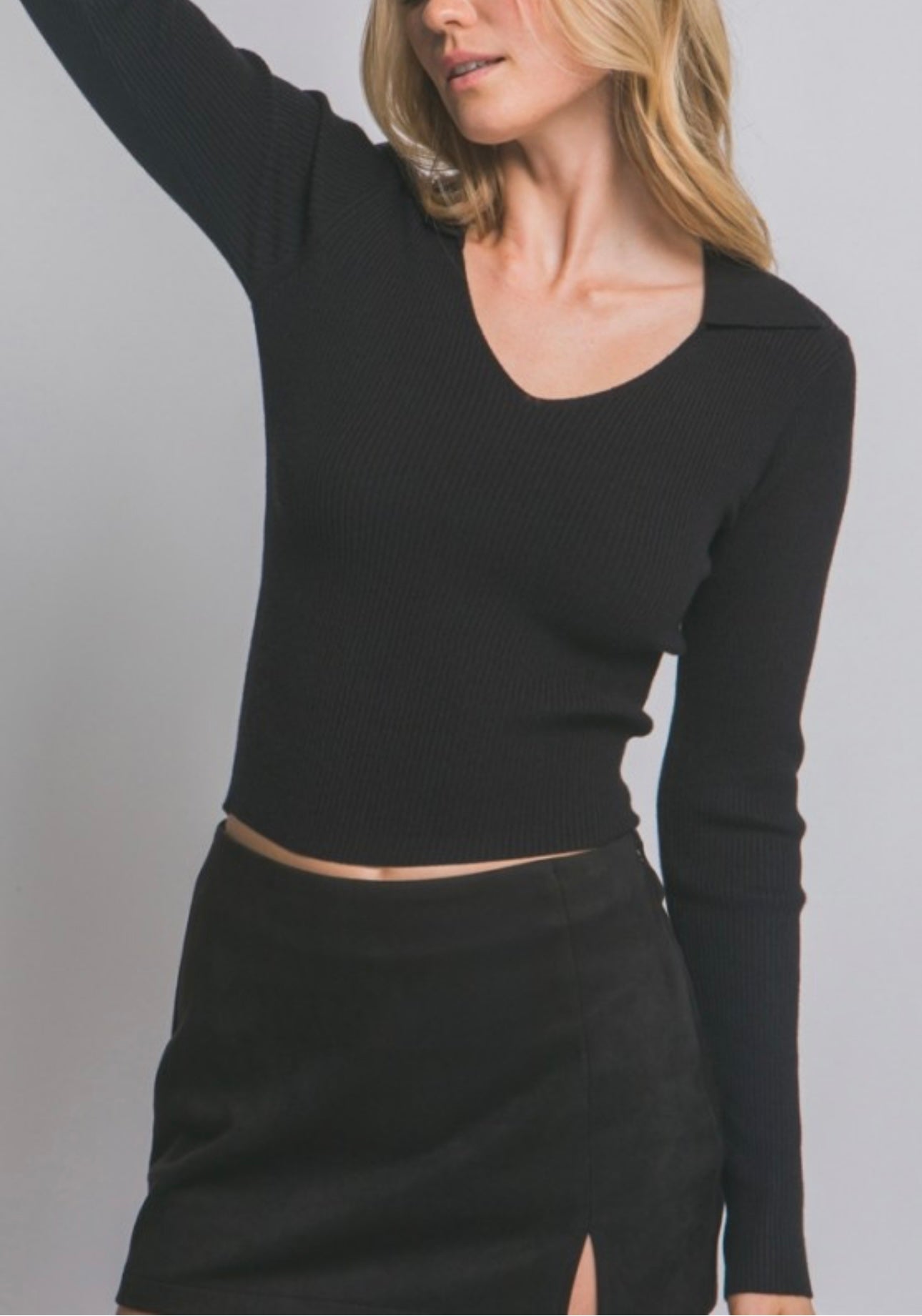Collared Crop Ribbed Long Sleeve V Neck