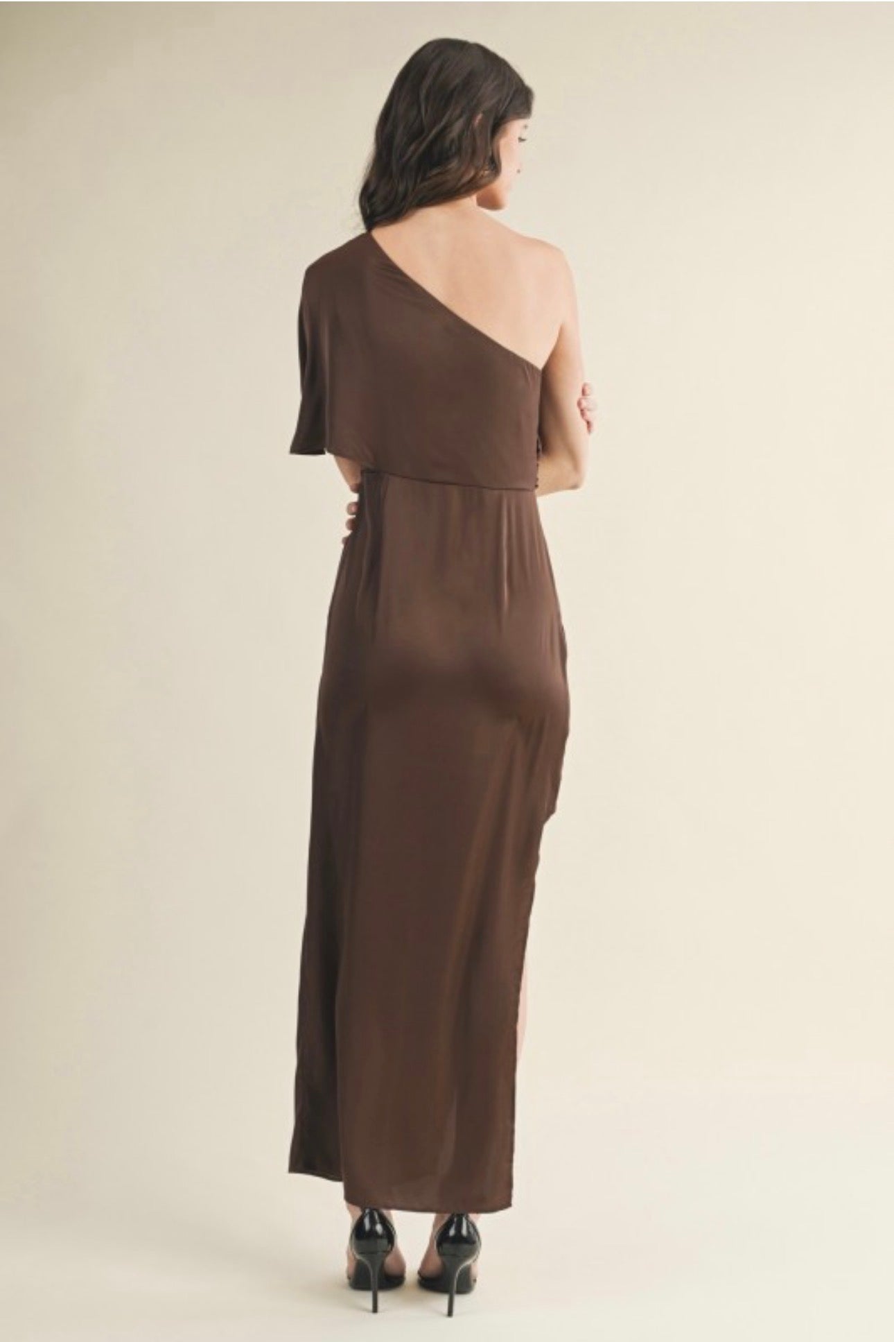 Brown Silk Drape One-shoulder Maxi Dress