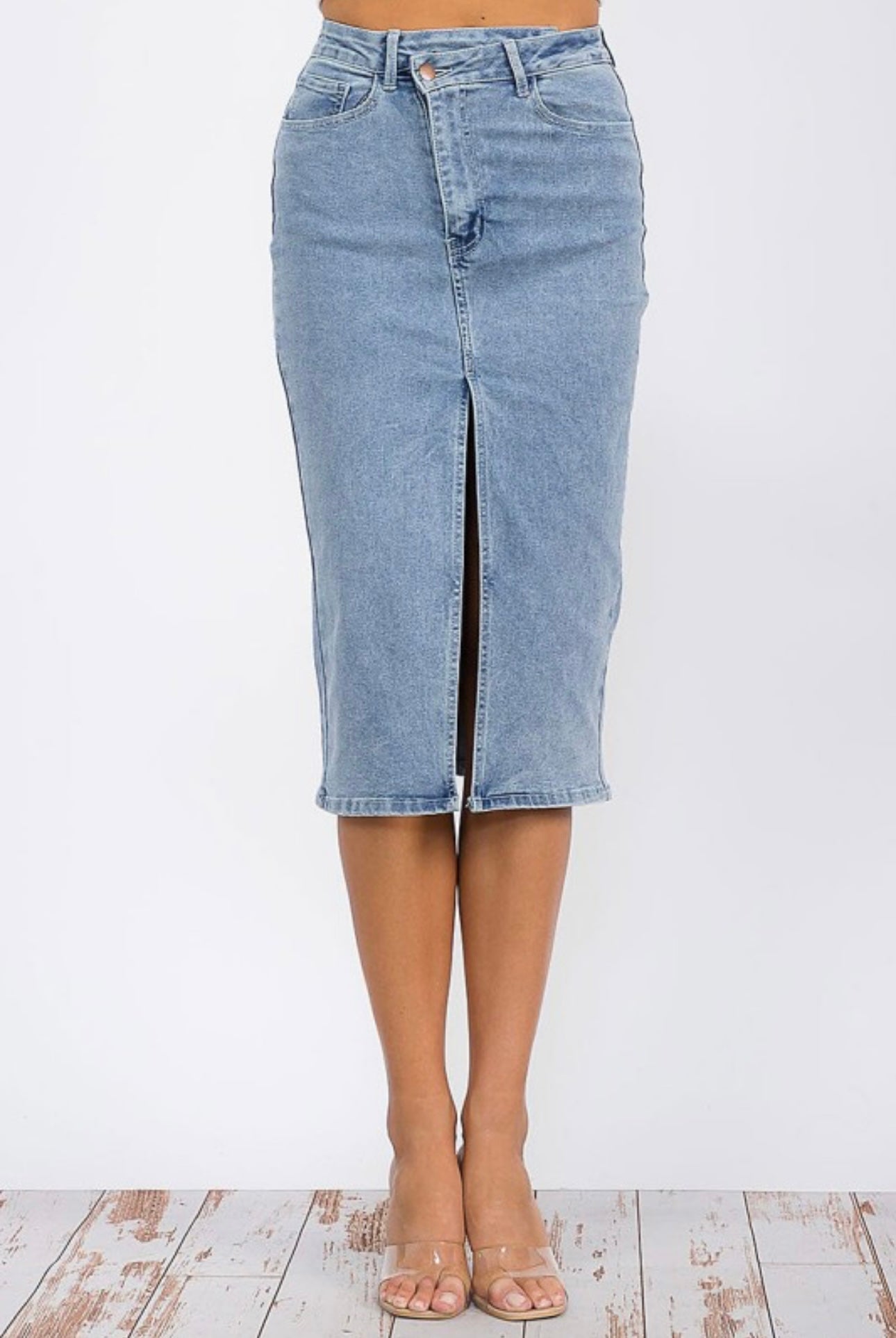 Denim Midi Skirt with Front Slit