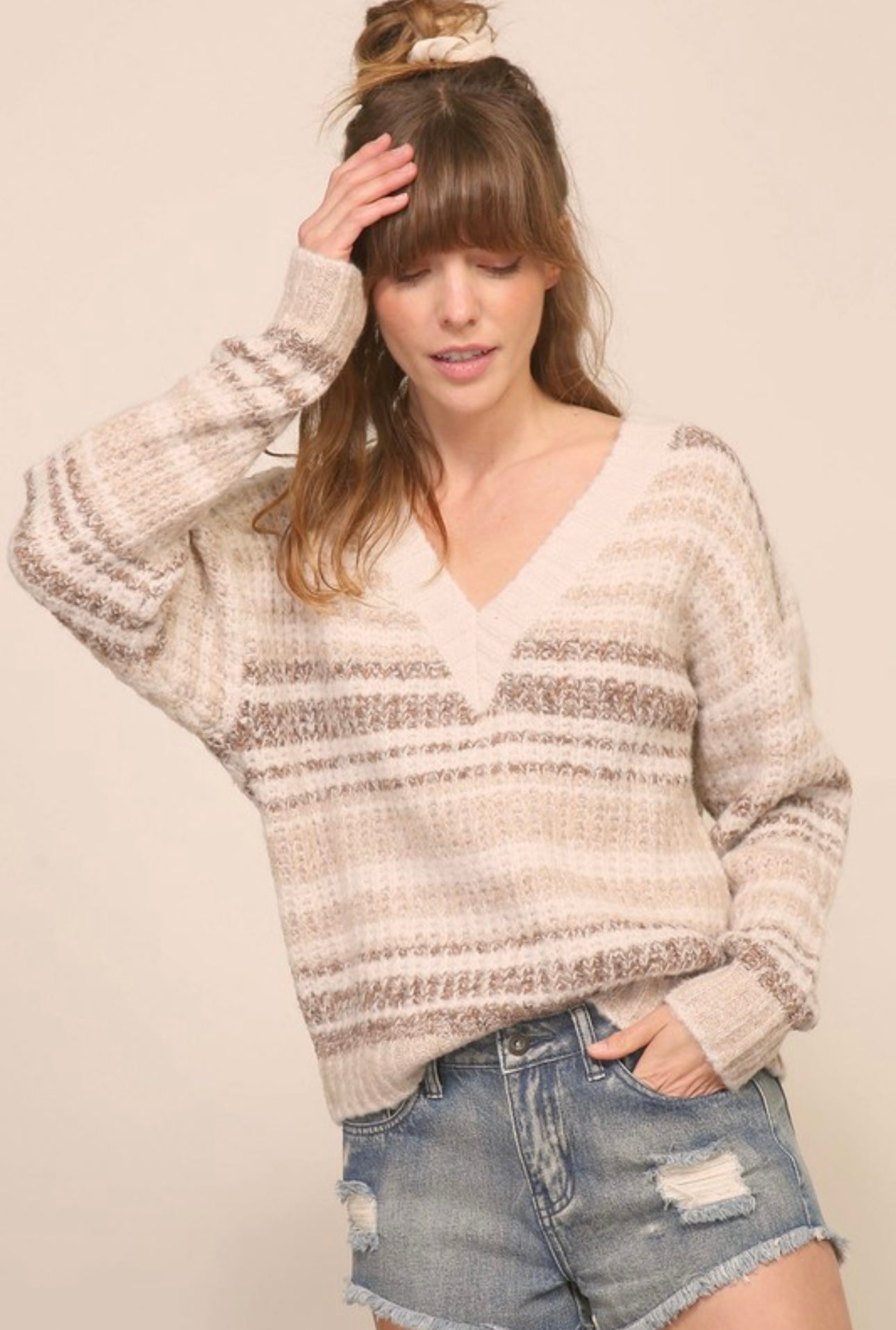 V Neck Knit Tri-Color Sweater