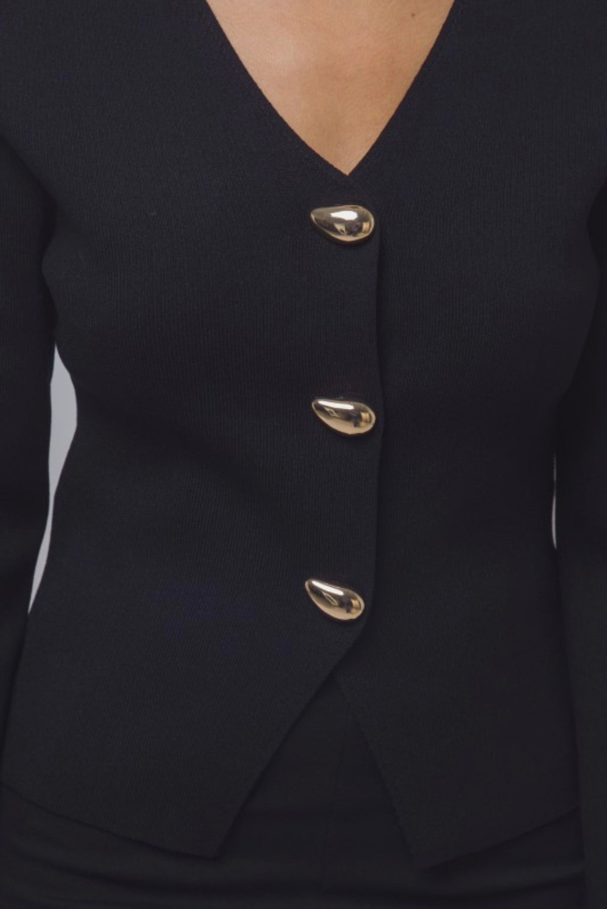Split Front Ribbed Gold Button Front Cardigan