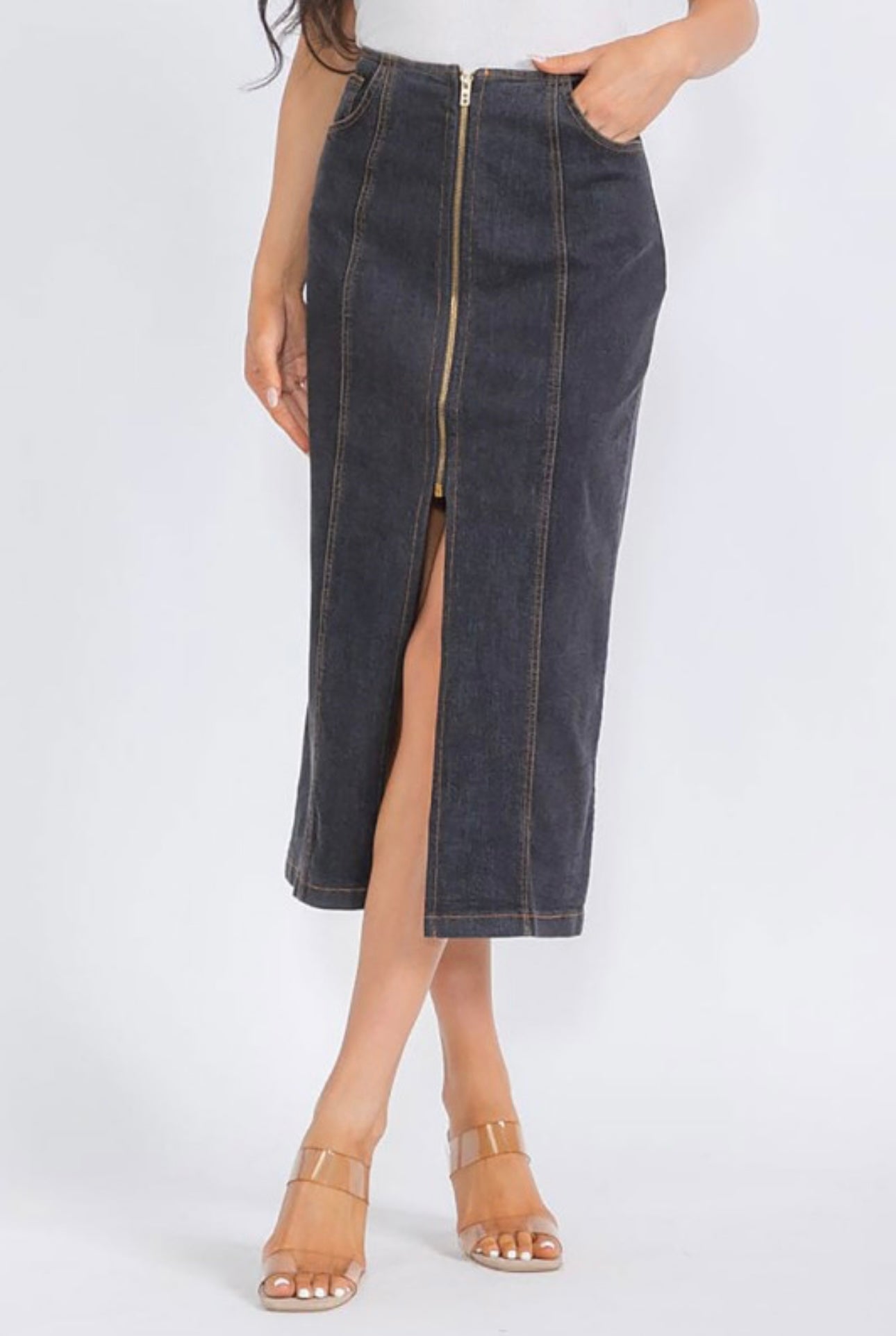Front Zip Midi Denim Skirt with Front Slit