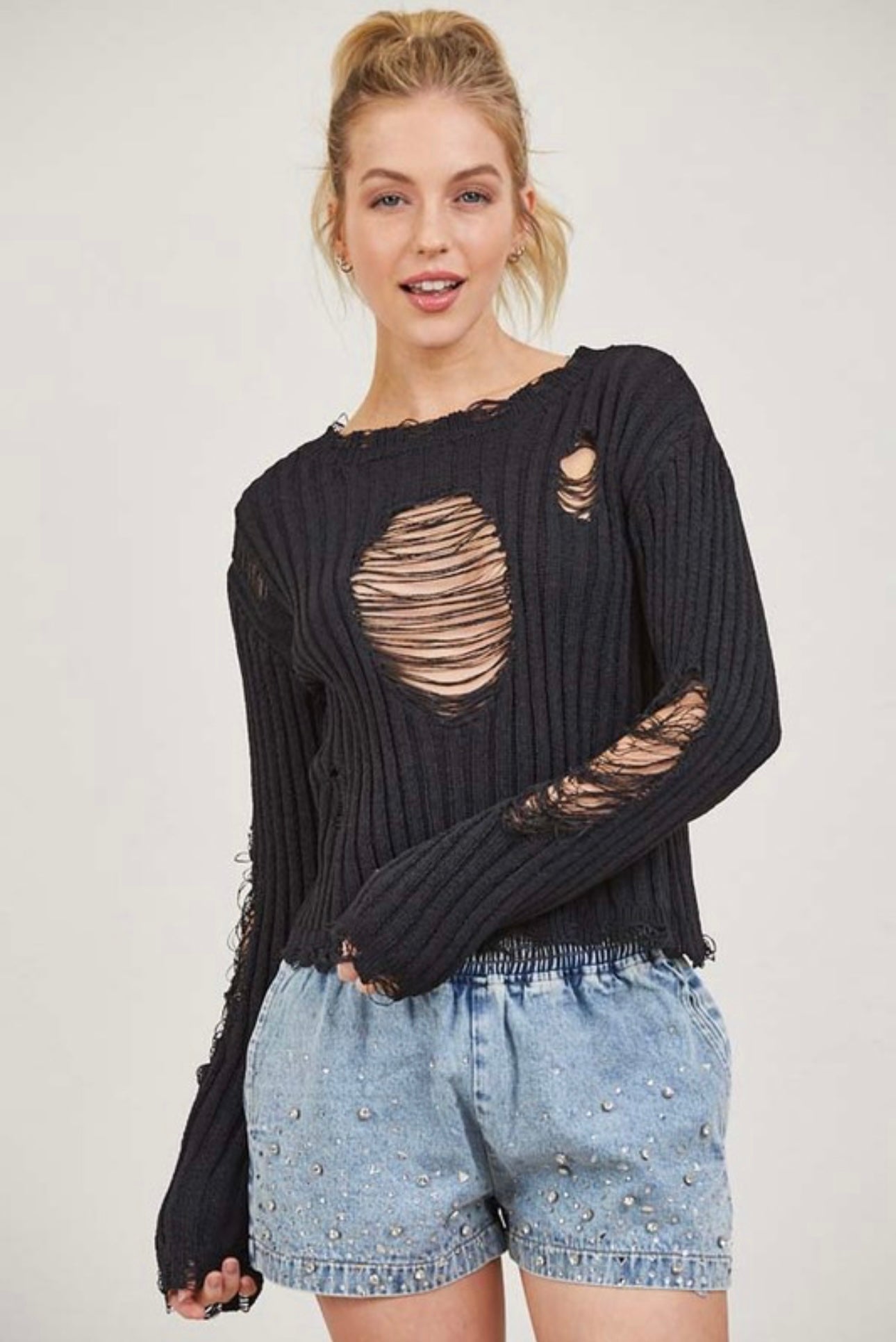 Distressed Mock Neck Sweater