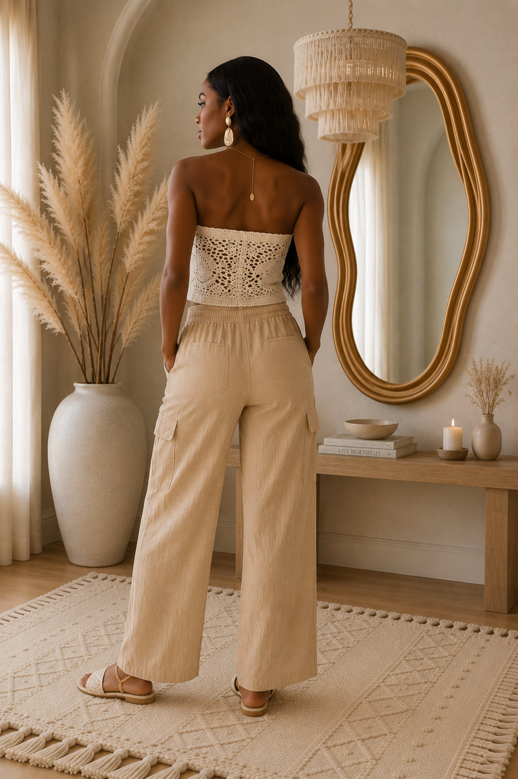 Textured Waist Tie Trouser Pants