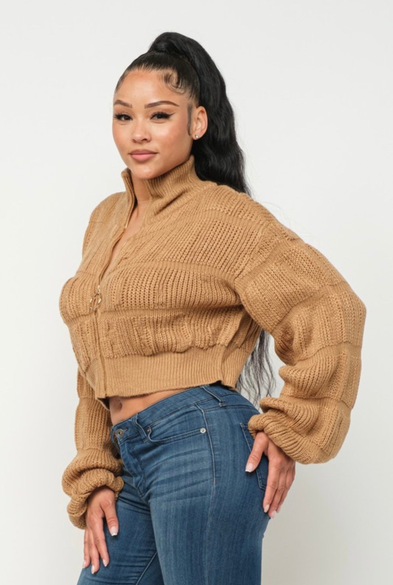 Bubble Sleeve Knit Zip-Up Sweater