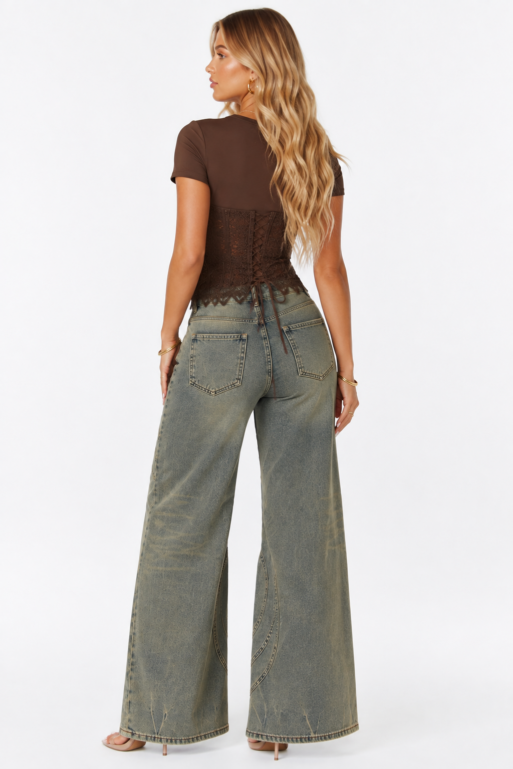 Lace Ribbon Back Corset Scoop Neck Top