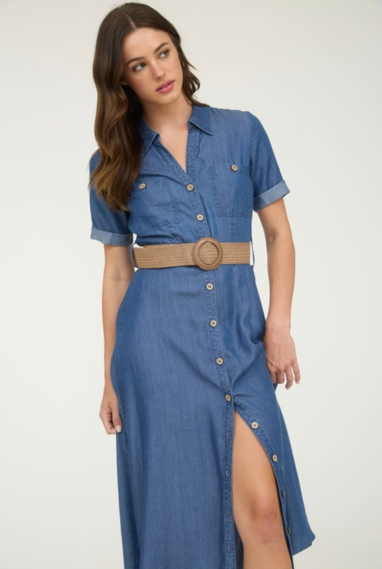 Denim Button Down Cuffed Sleeve Midi Dress with Woven Belt
