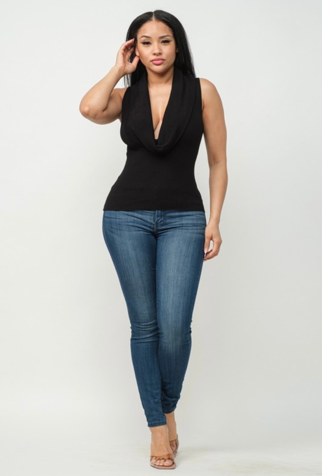 Off the Shoulder Cowl Neck Ribbed Top