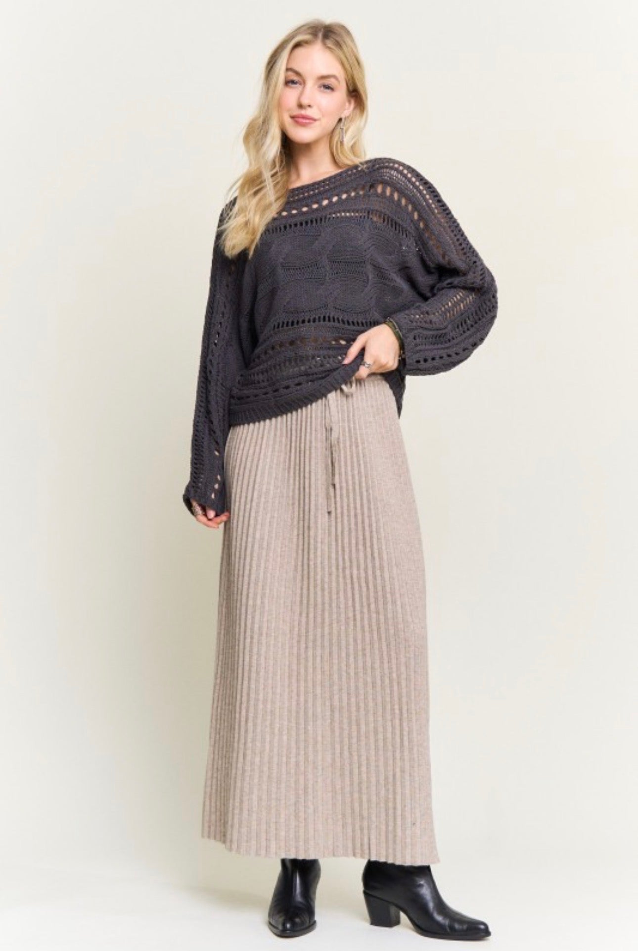 Cable Knit Openwork Long Sleeve Sweater