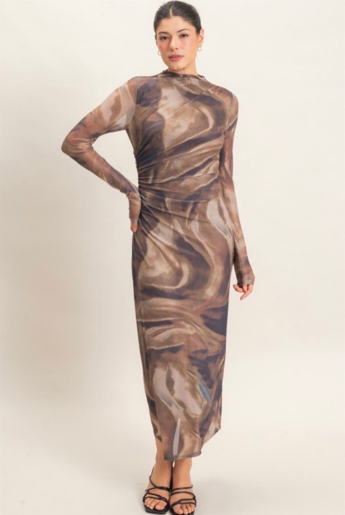 Abstract Brown Scrunch Side Long Sleeve Maxi Dress