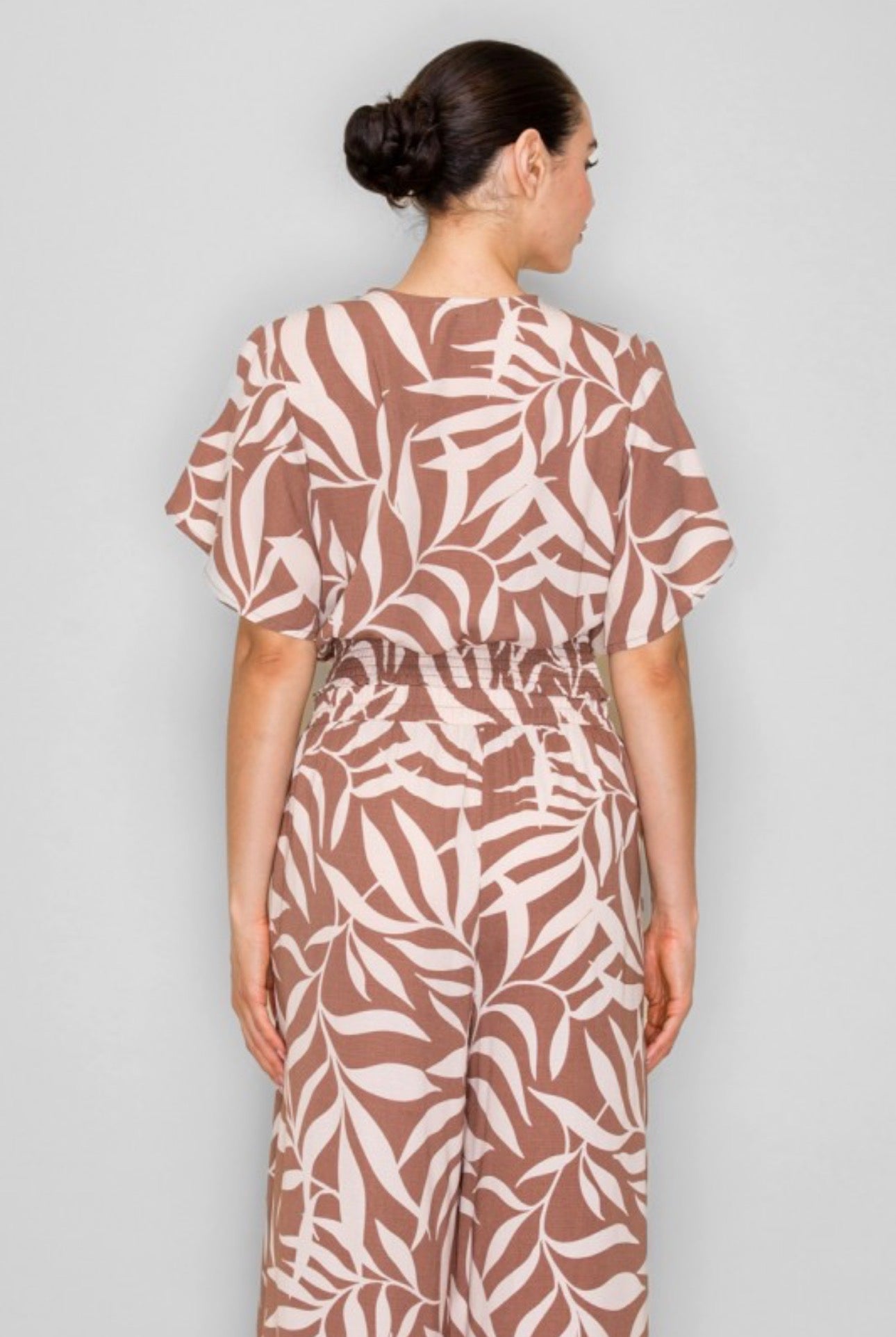 Neutral Tropical Print Cinch Crossover Top