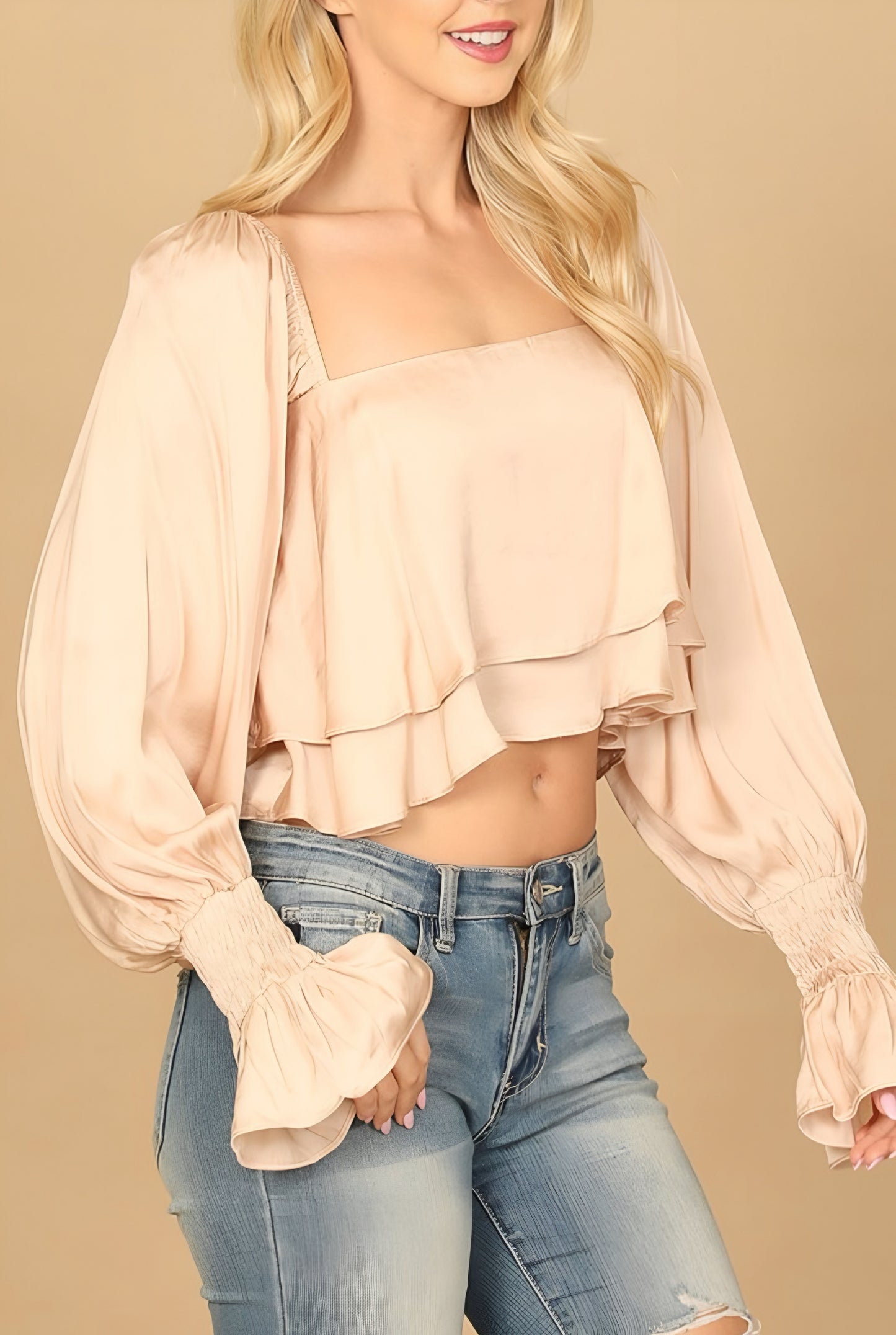Satin Peasant Square Neck Top