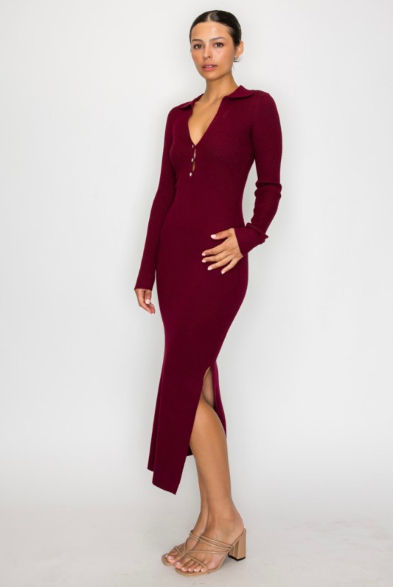 Collar Ribbed Long Sleeve Maxi Dress
