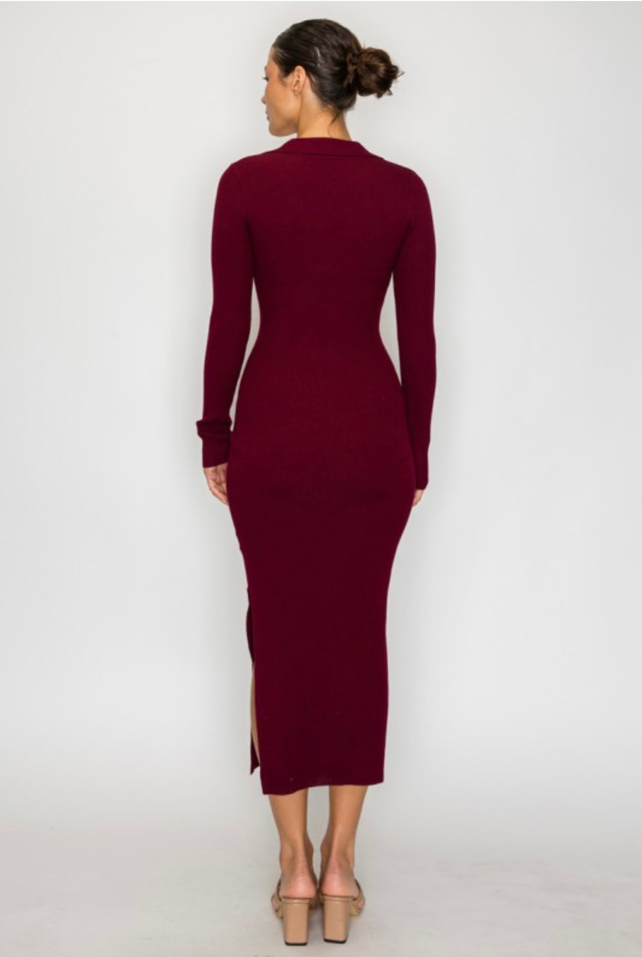 Collar Ribbed Long Sleeve Maxi Dress