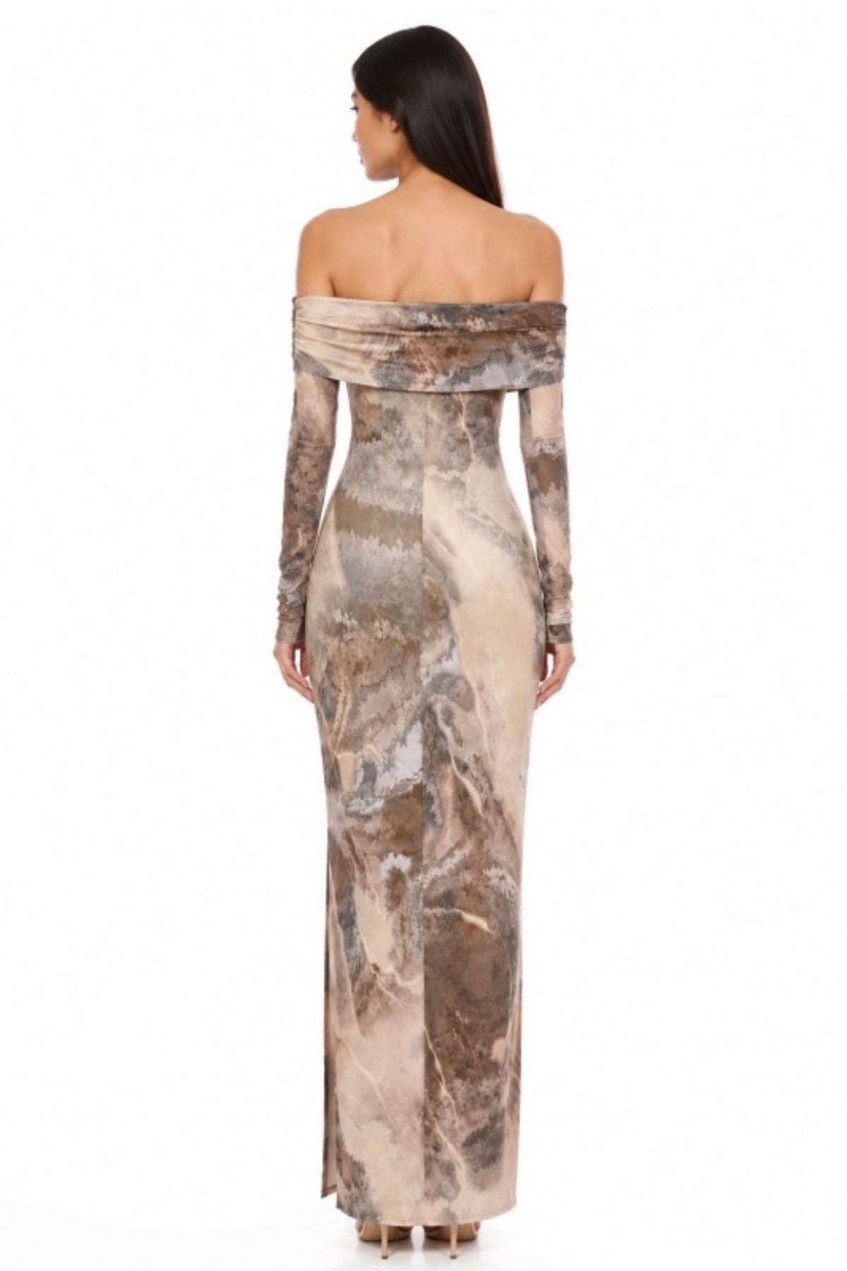 Mesh Nude Marble Off-the-Shoulder Long Sleeve Maxi Dress