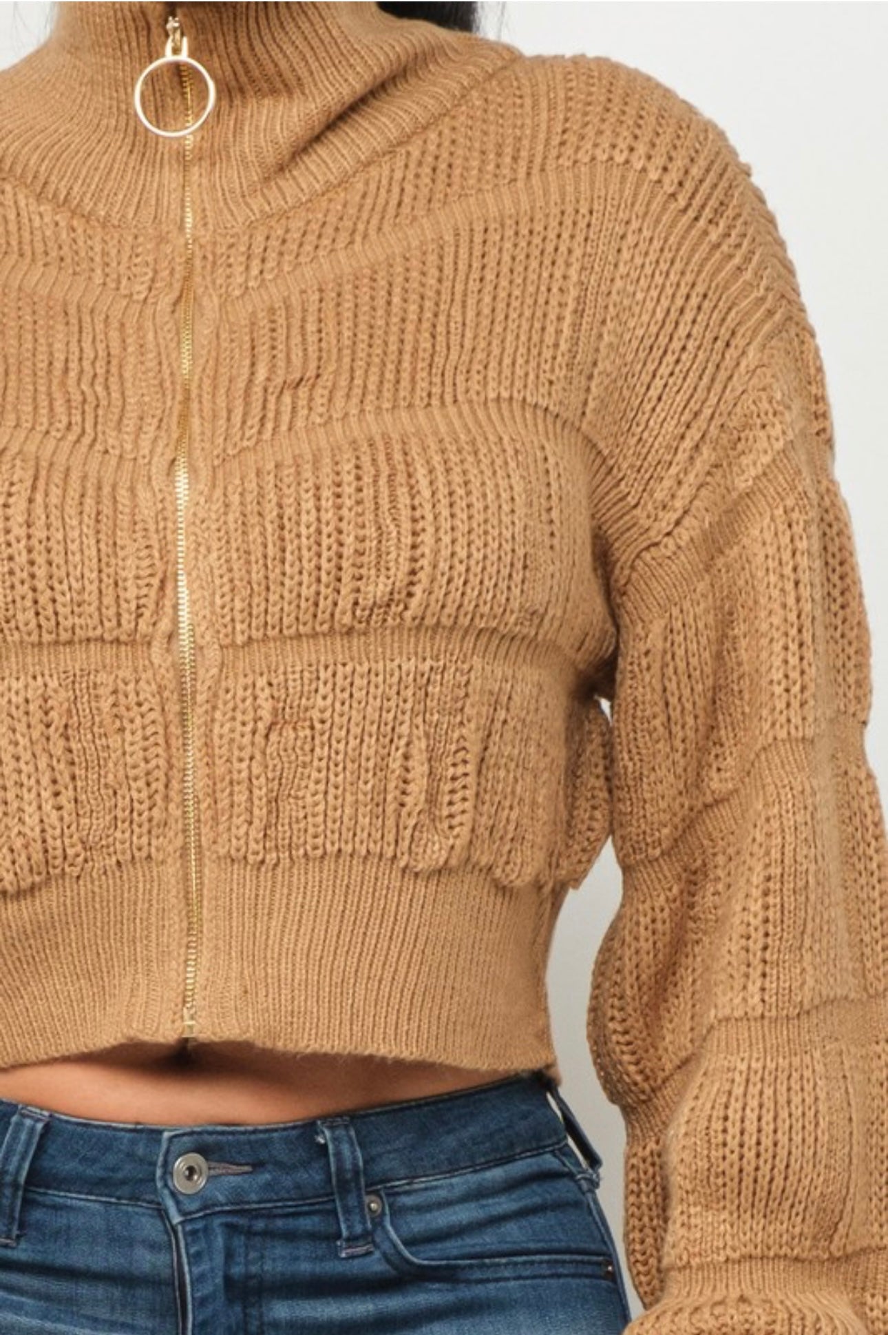 Bubble Sleeve Knit Zip-Up Sweater