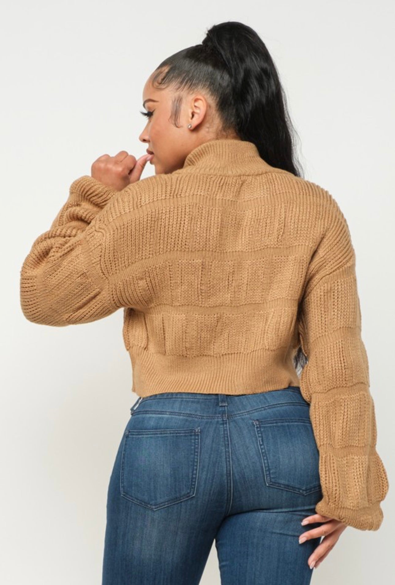 Bubble Sleeve Knit Zip-Up Sweater