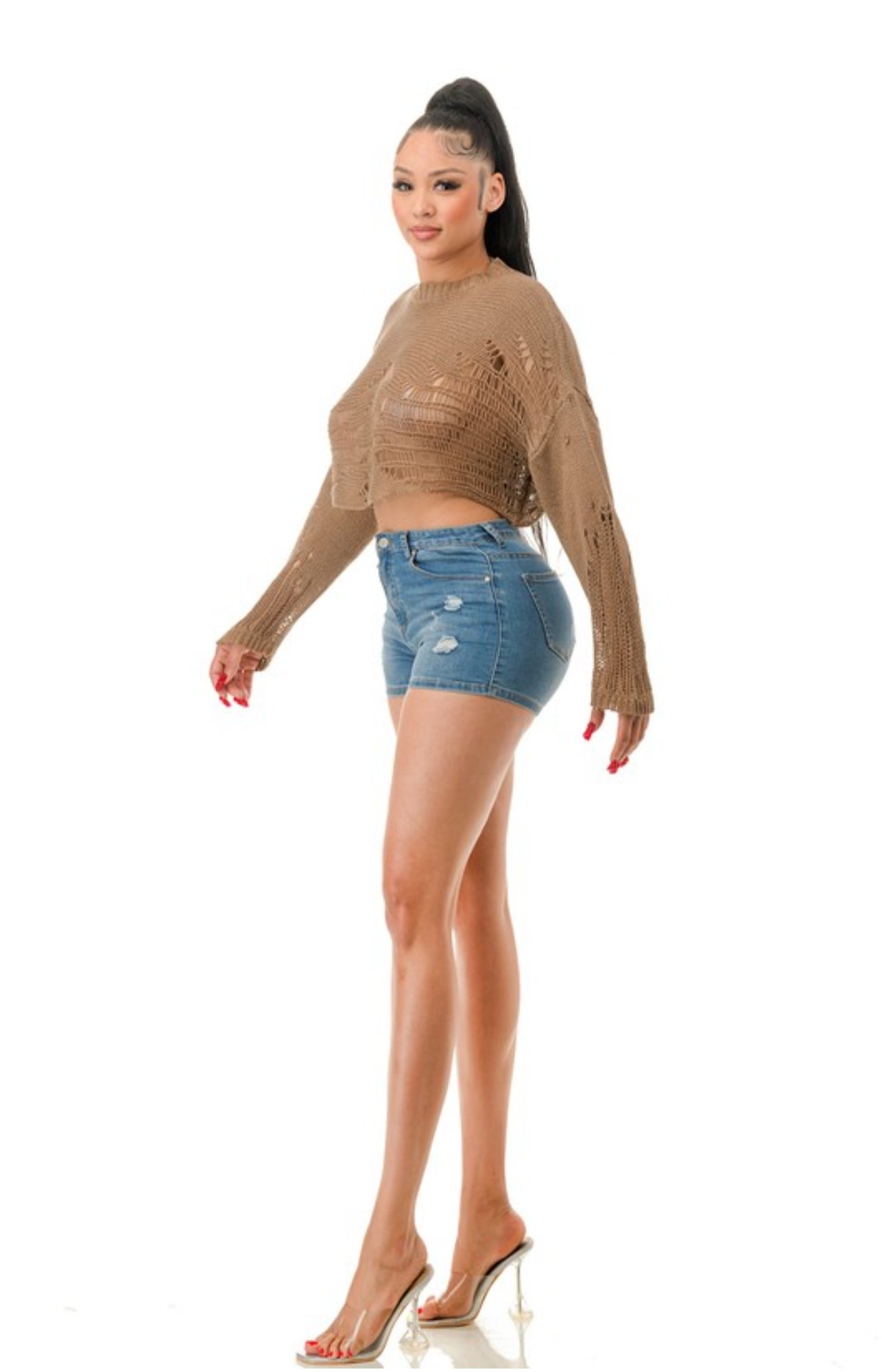 Long Sleeve Open Crop Crochet Pullover