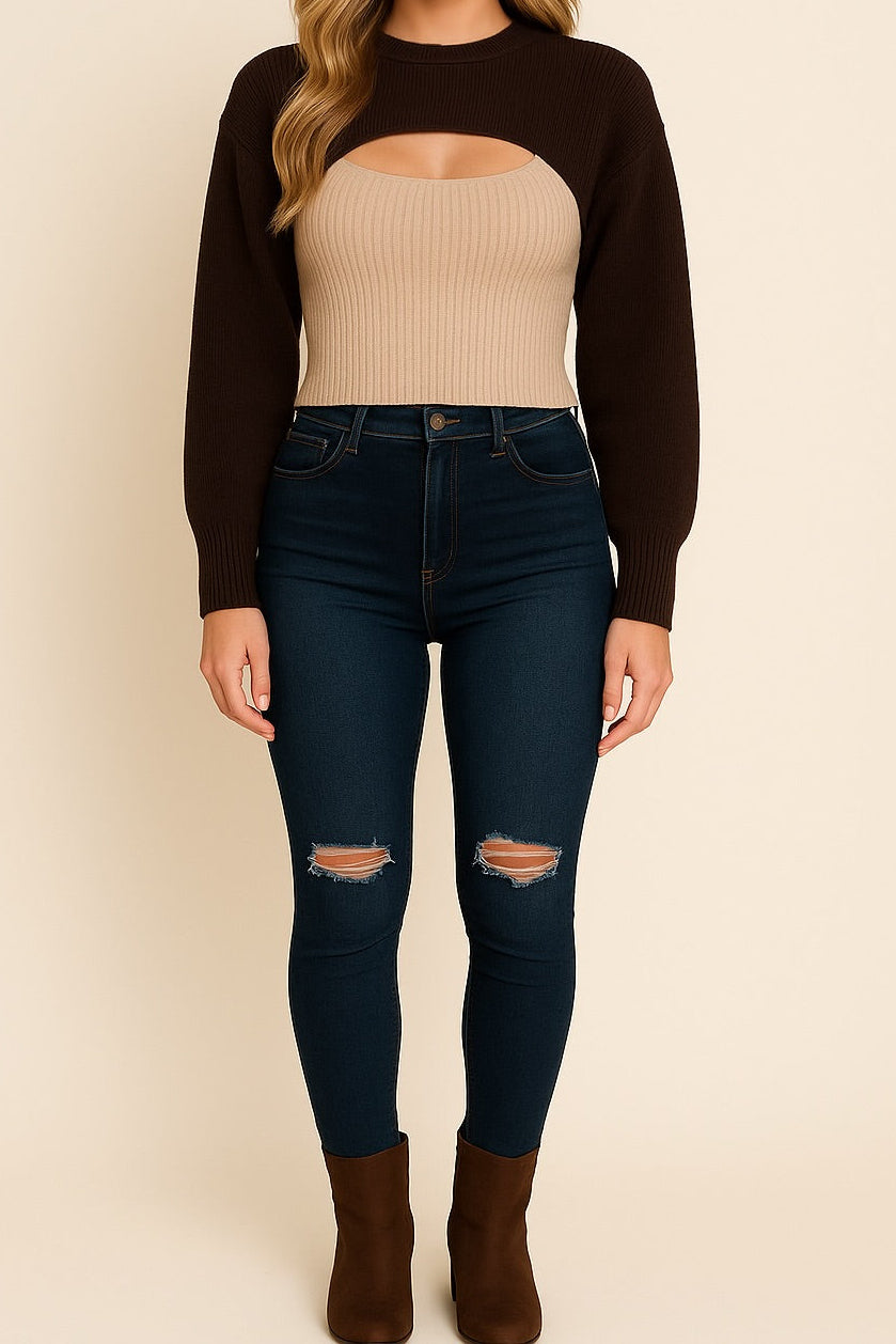 Two-Tone Keyhole Sweater