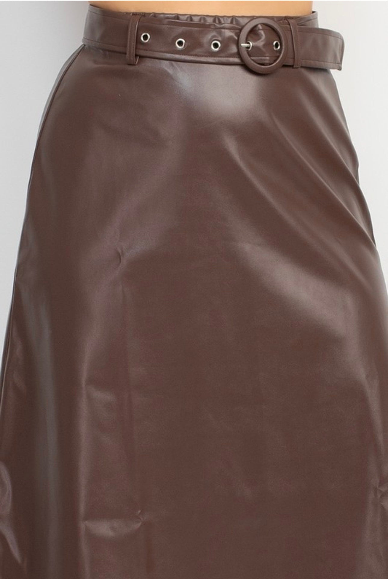 Belted Faux Leather A-line Midi Skirt