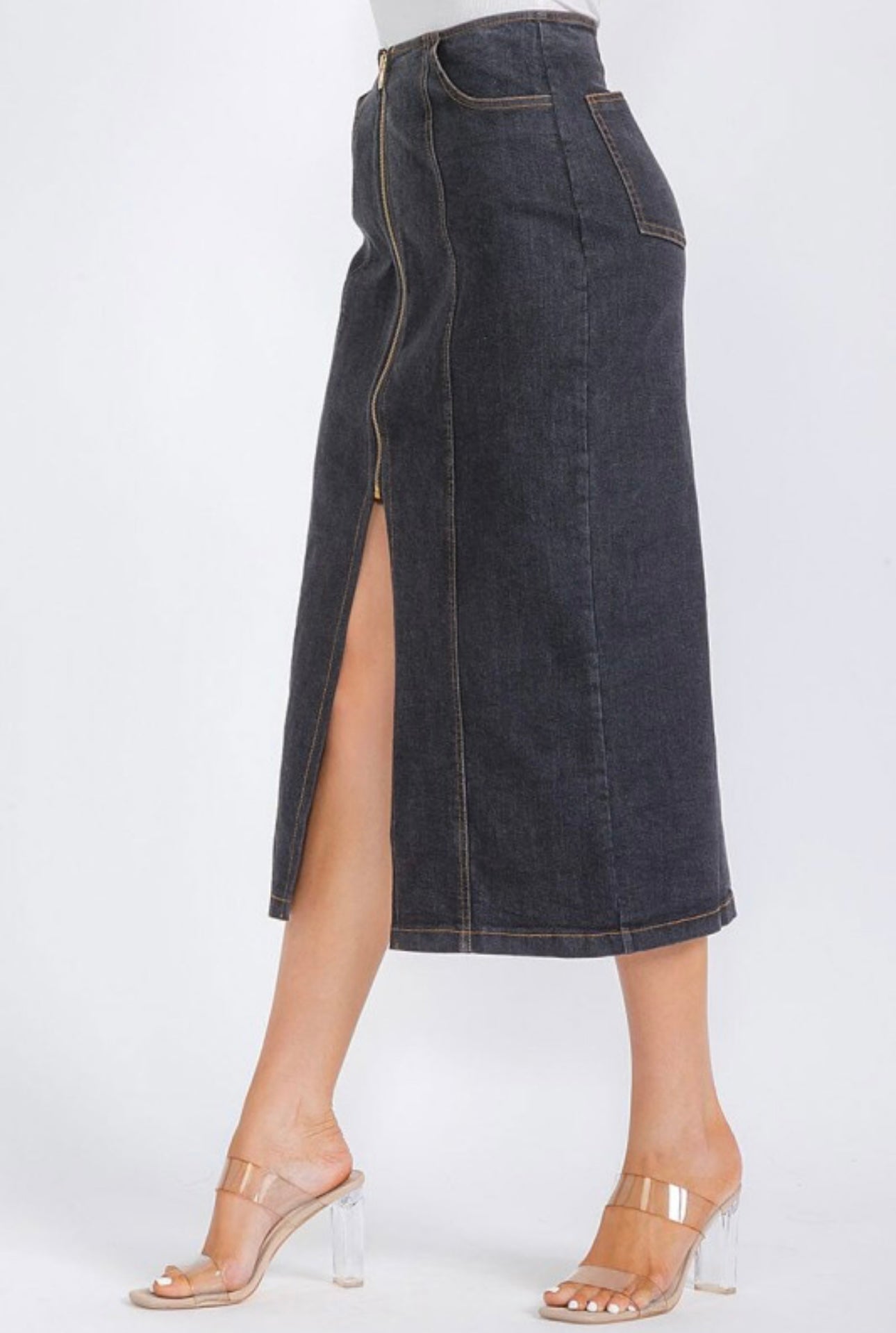 Front Zip Midi Denim Skirt with Front Slit