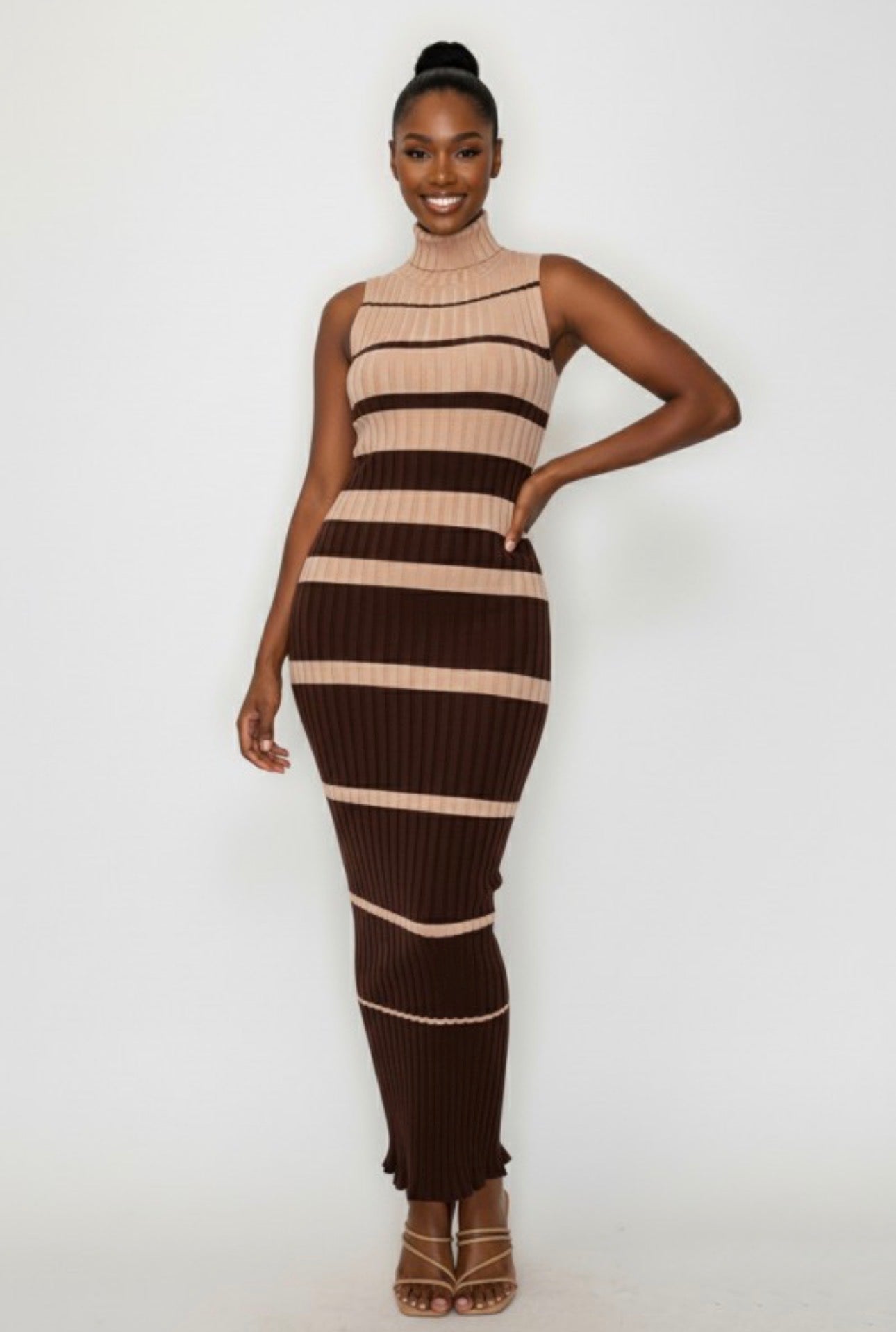Striped Ribbed Maxi Turtleneck Sleeveless Dress