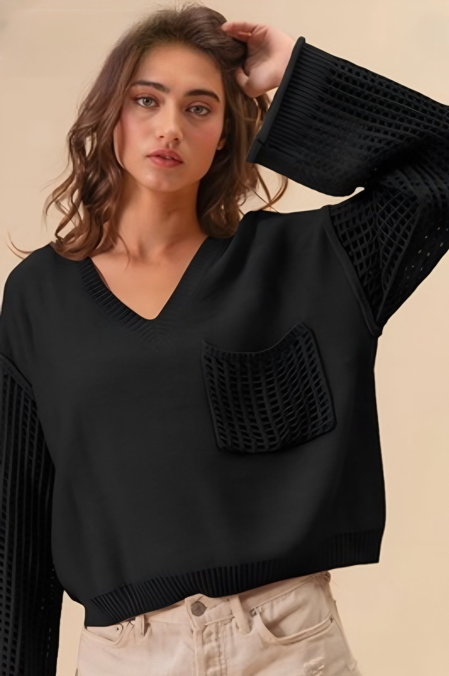 V Neck Sweater with Crochet Pocket and Sleeves