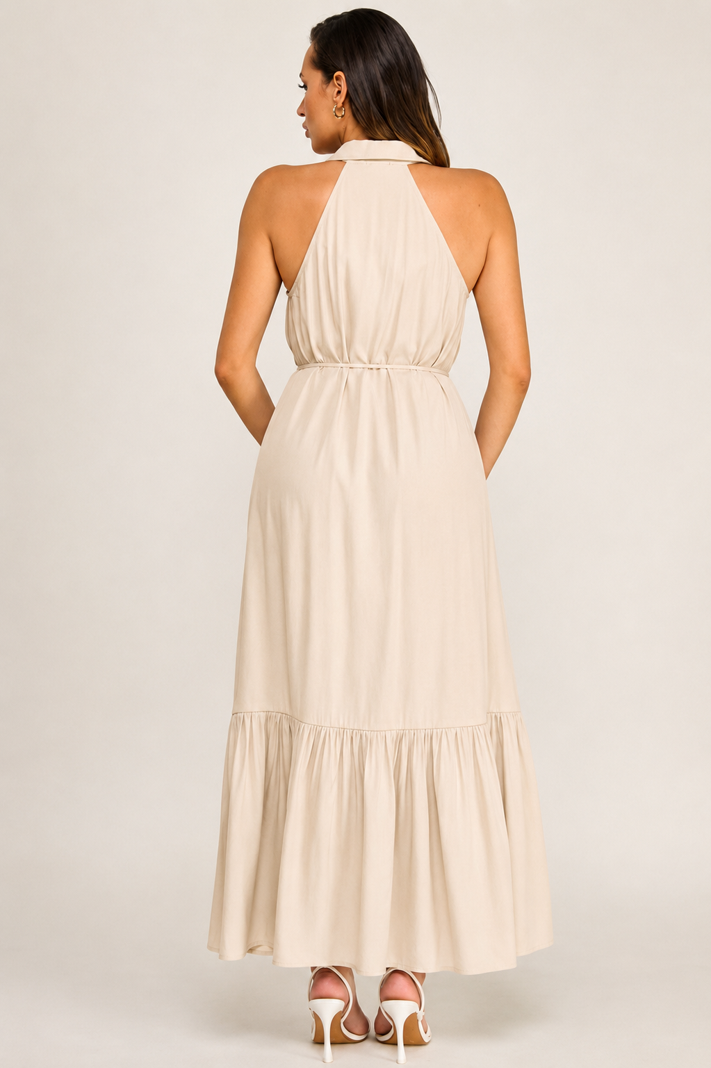 Sleeveless Collared Button Front Maxi Dress with Pleated Hem