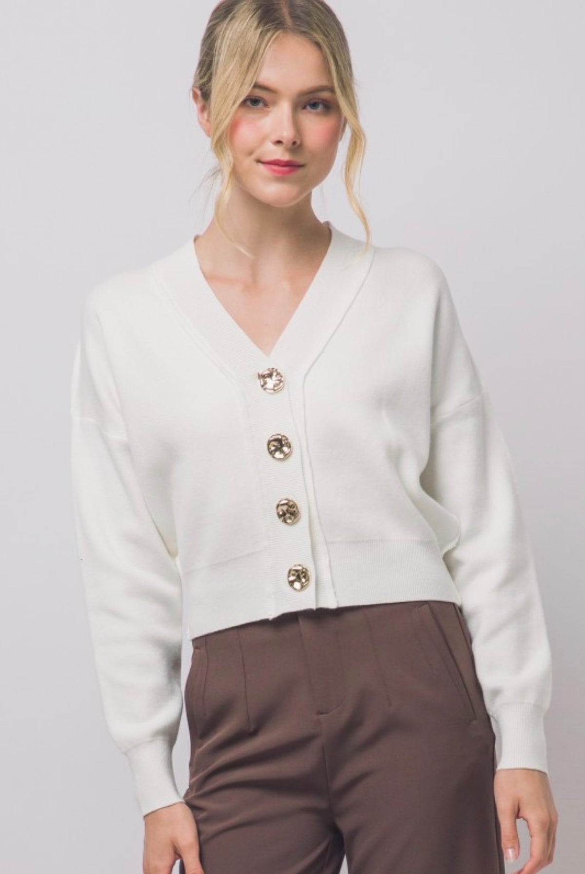 V Neck Cardigan with Gold Abstract Buttons