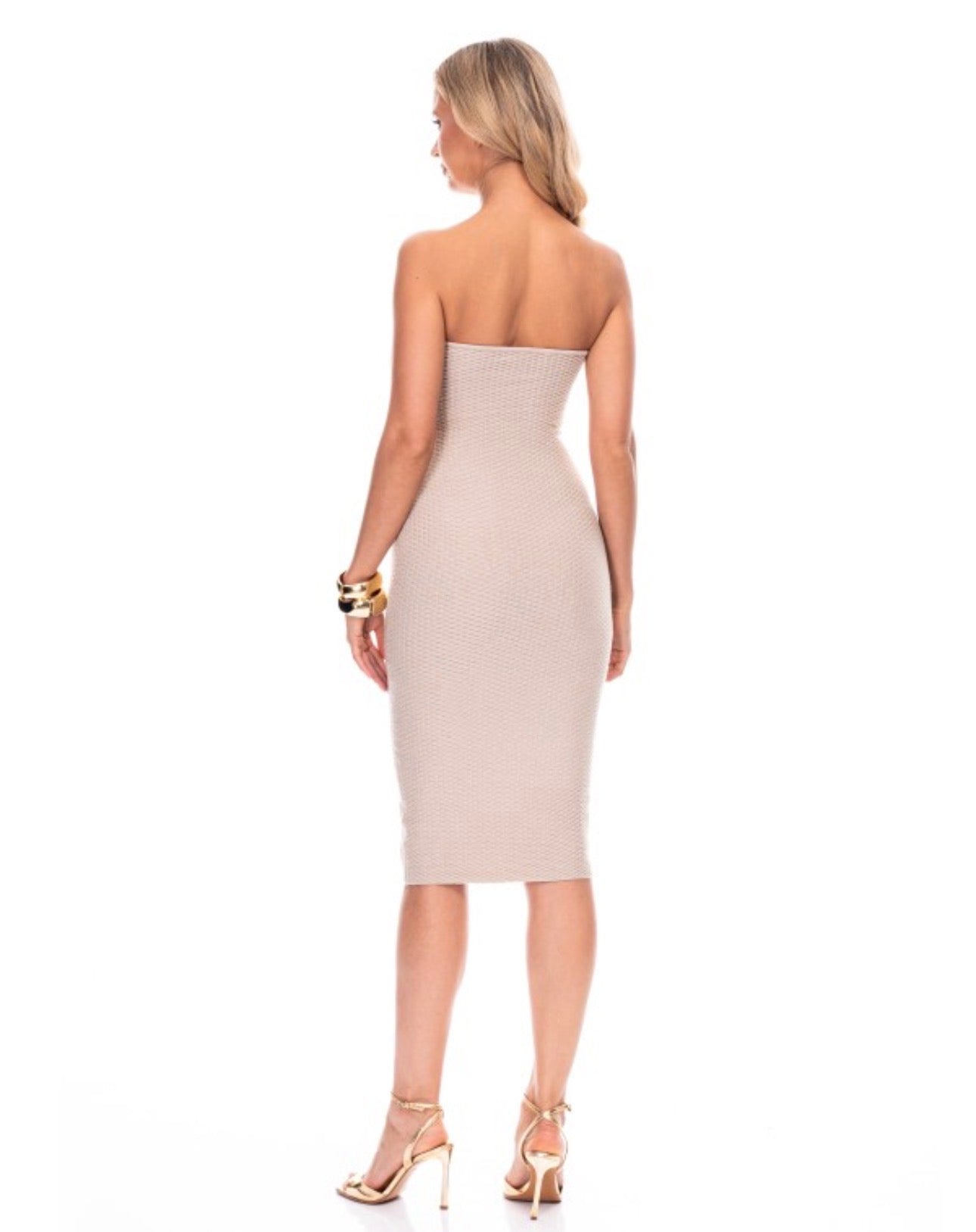 Pattern Strapless Gold Button Midi Dress